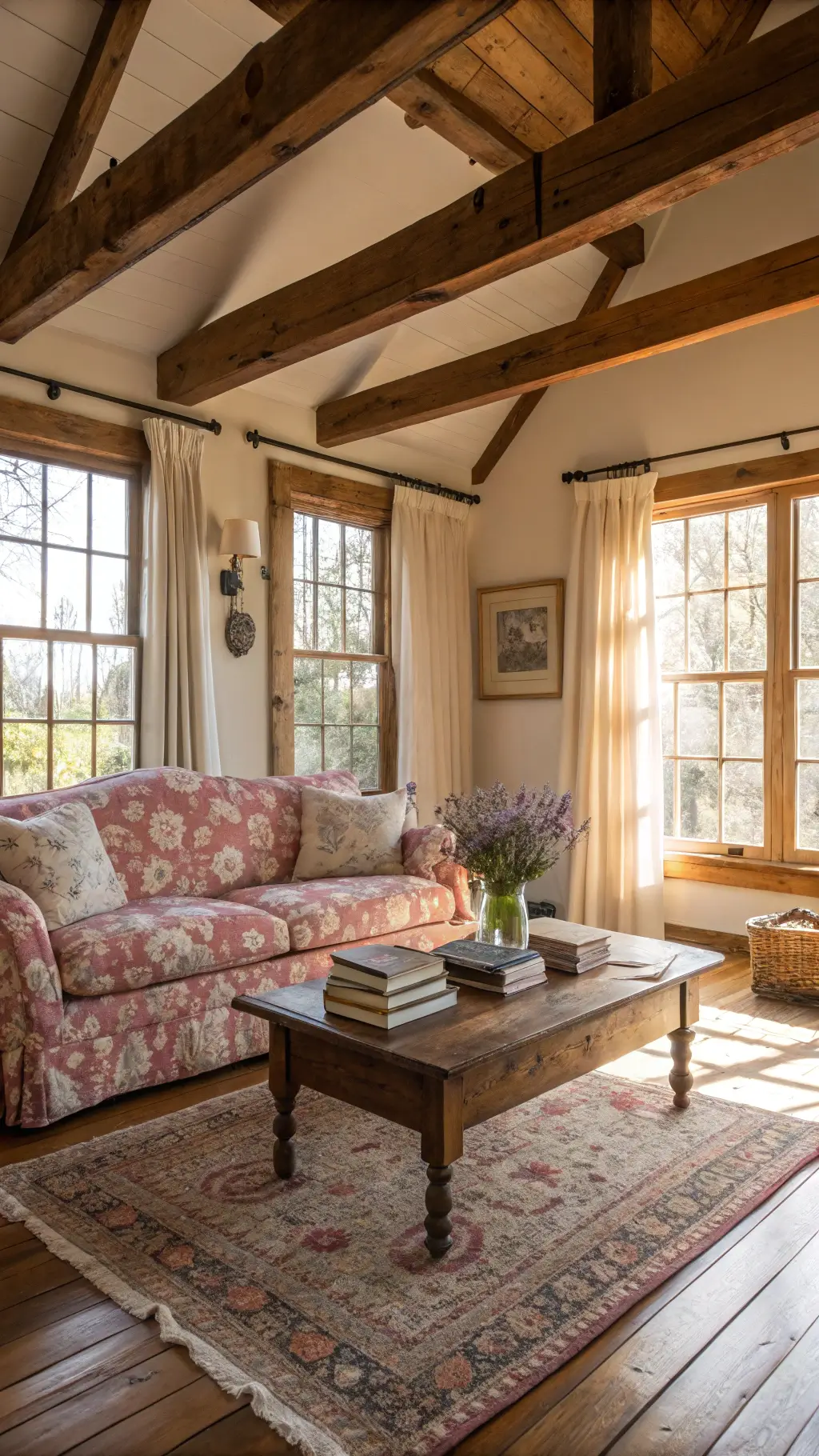 Vintage-inspired living room bathed in golden hour light, featuring a floral sofa by a draped bay window, a weathered oak coffee table with books and lavender, and a cream and sage rug on wide plank floors with exposed wooden beams.