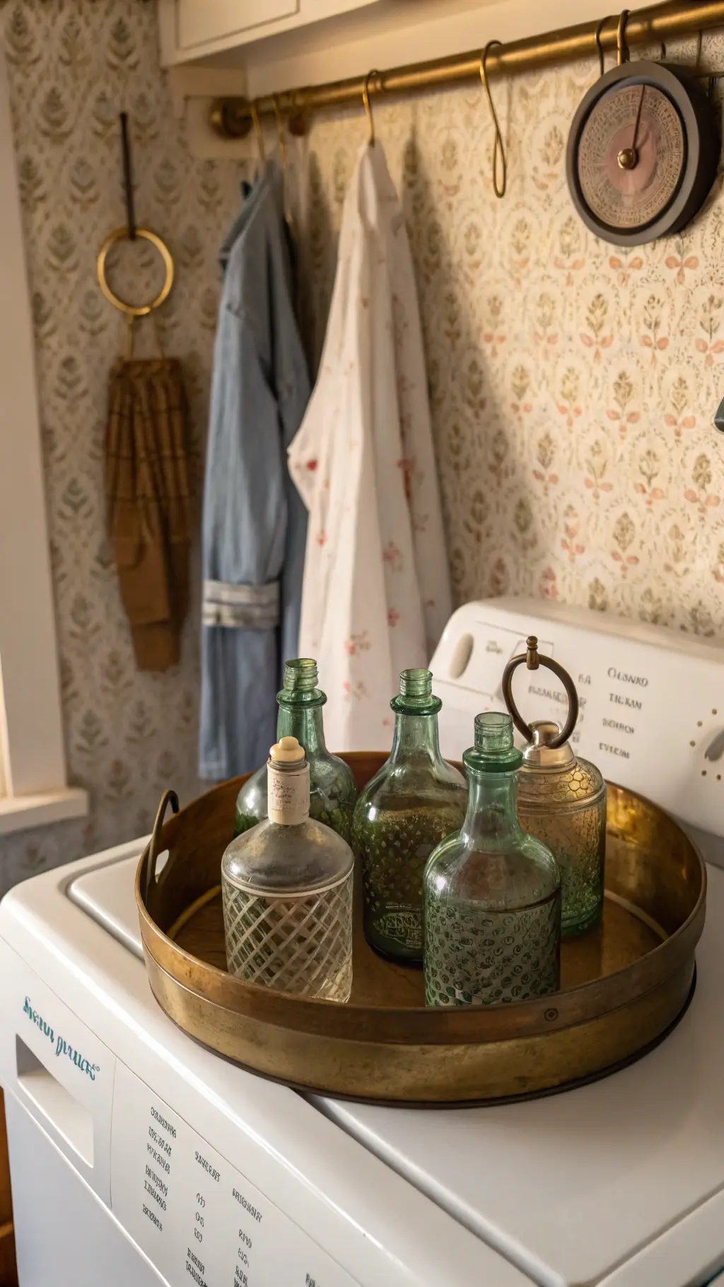 Vintage-style laundry room with thrifted brass tray, vintage glass bottle collection, and ironing supplies on wall, styled creatively with budget-friendly elements under late afternoon sunlight.