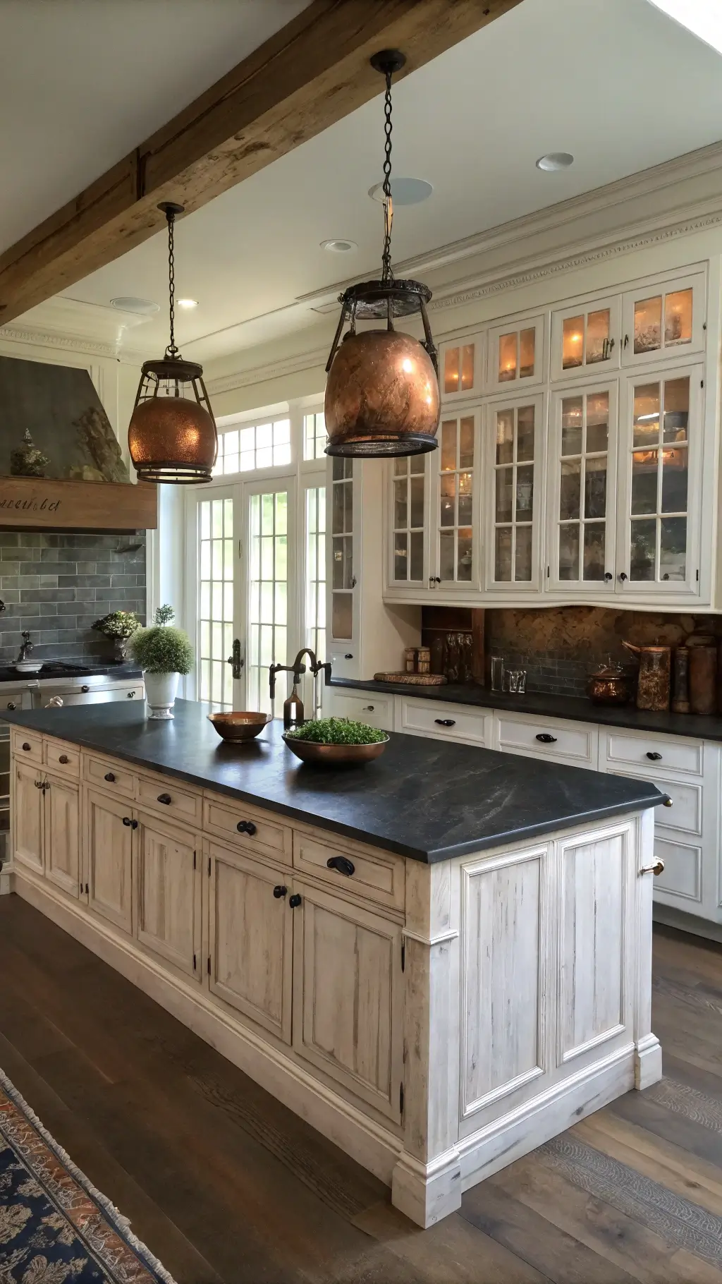 Aerial view of a grand, rustic-industrial kitchen with a huge weathered oak island topped with black soapstone, surrounded by tall white cabinets with illuminated glass-front upper sections, and adorned with hanging vintage copper pots.