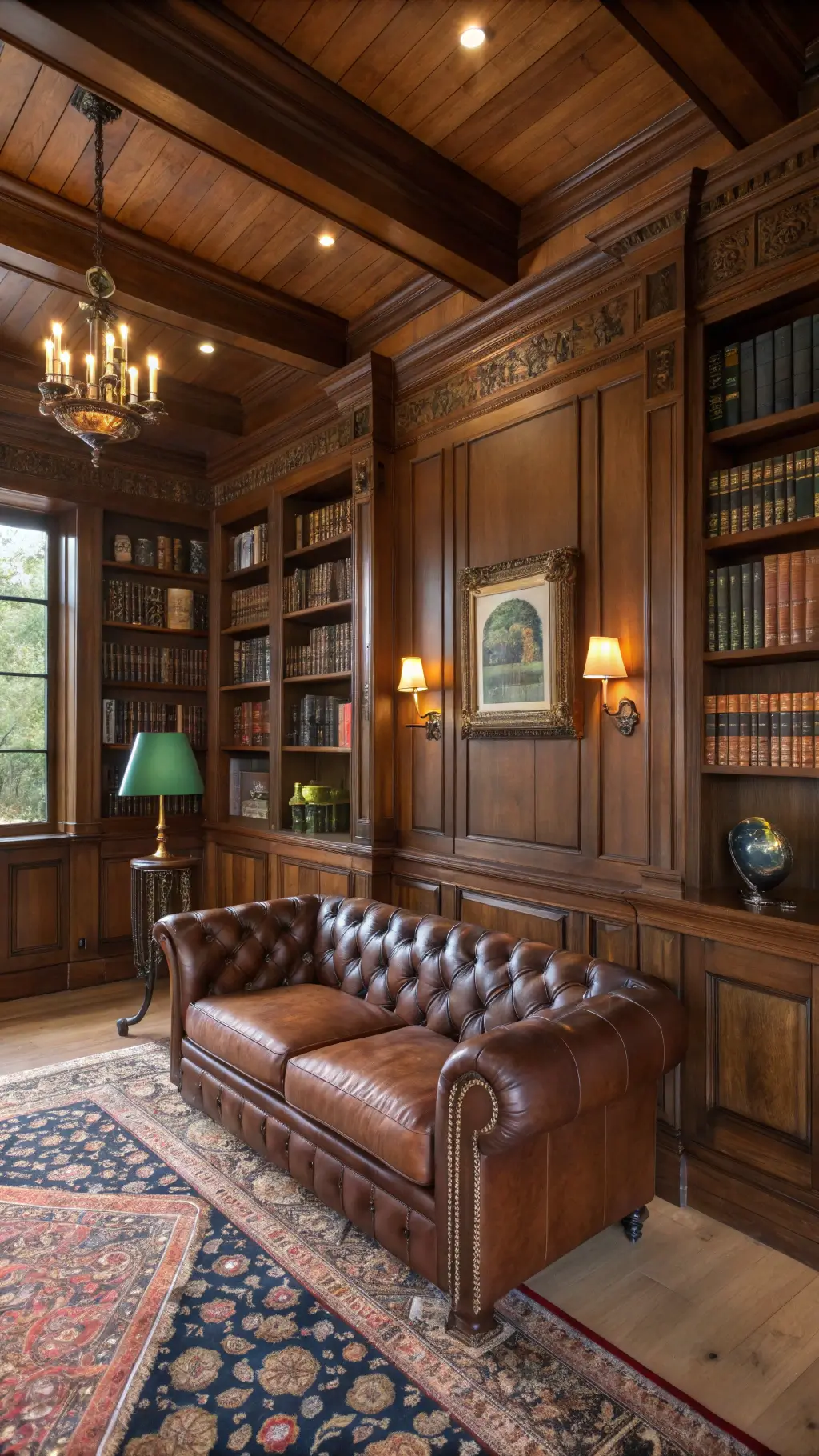 Vintage academic-themed study with walnut built-ins, leather Chesterfield sofa, hand-knotted Persian rug and antique globe collection illuminated by warm sconce and banker's lamp lighting.