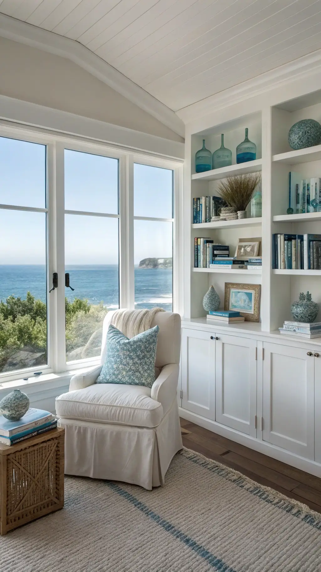 Coastal creative retreat with whitewashed built-ins, ocean view picture windows, and decorations of books, blue glass floats, and driftwood, illuminated by early morning light.