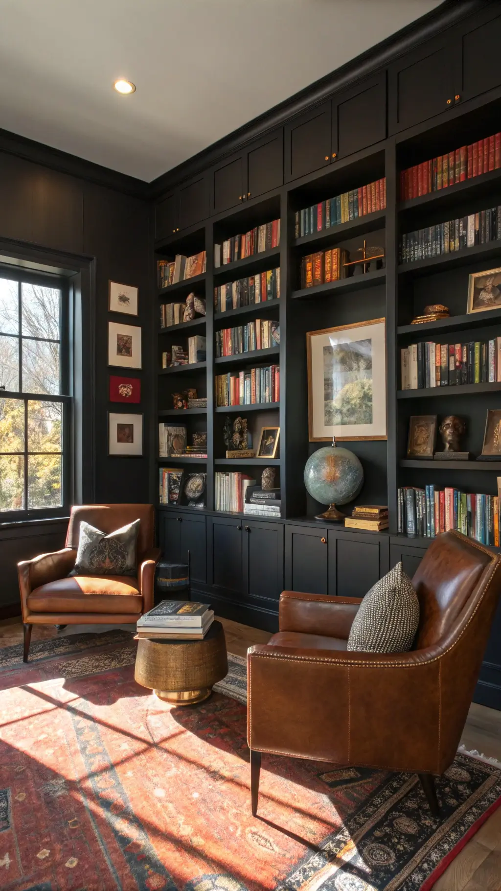 16ft library wall with a rich mix of vintage and modern styles, filled with colorful books, global artifacts, framed artwork, and brass objects, lit by afternoon light causing dynamic shadows, adorned with mid-century leather chairs and vibrant floor cushions on a vintage rug, against dark walls with jewel tones and metallics.