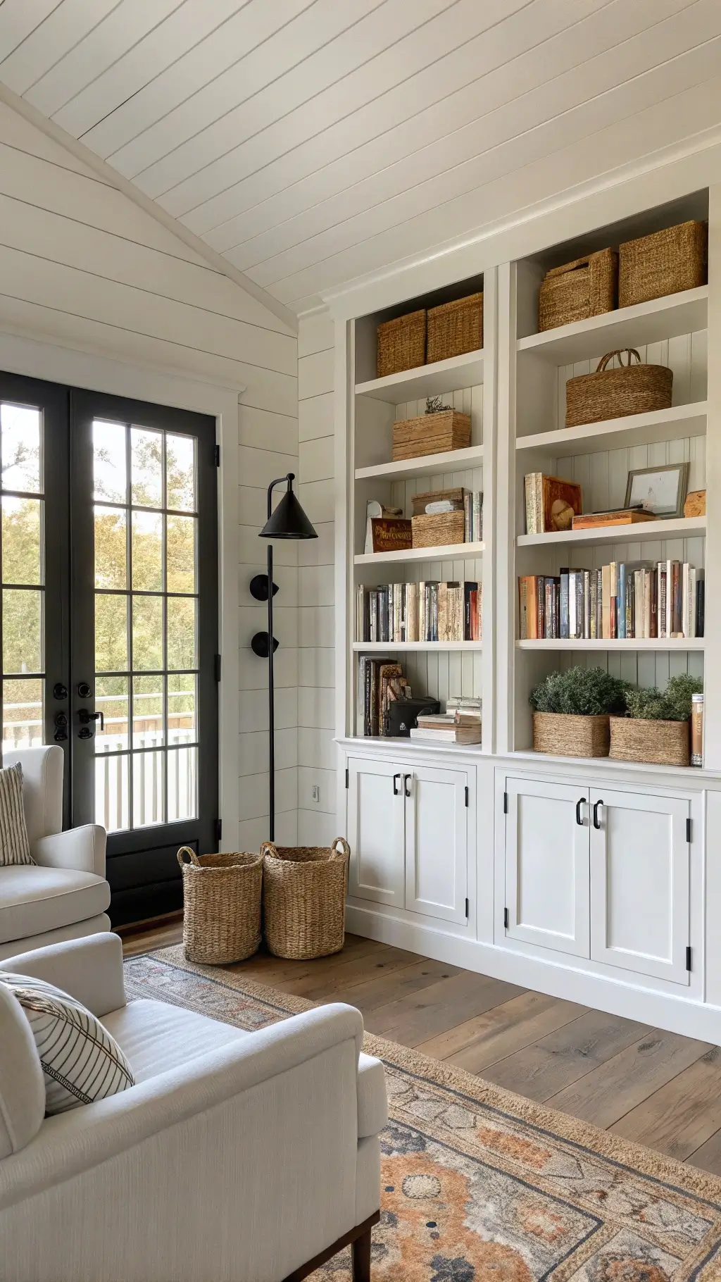 Spacious modern farmhouse library with white shiplap built-ins, mixed décor items, natural light through French doors, and a cozy reading spot with slipcovered chairs and wool rug.