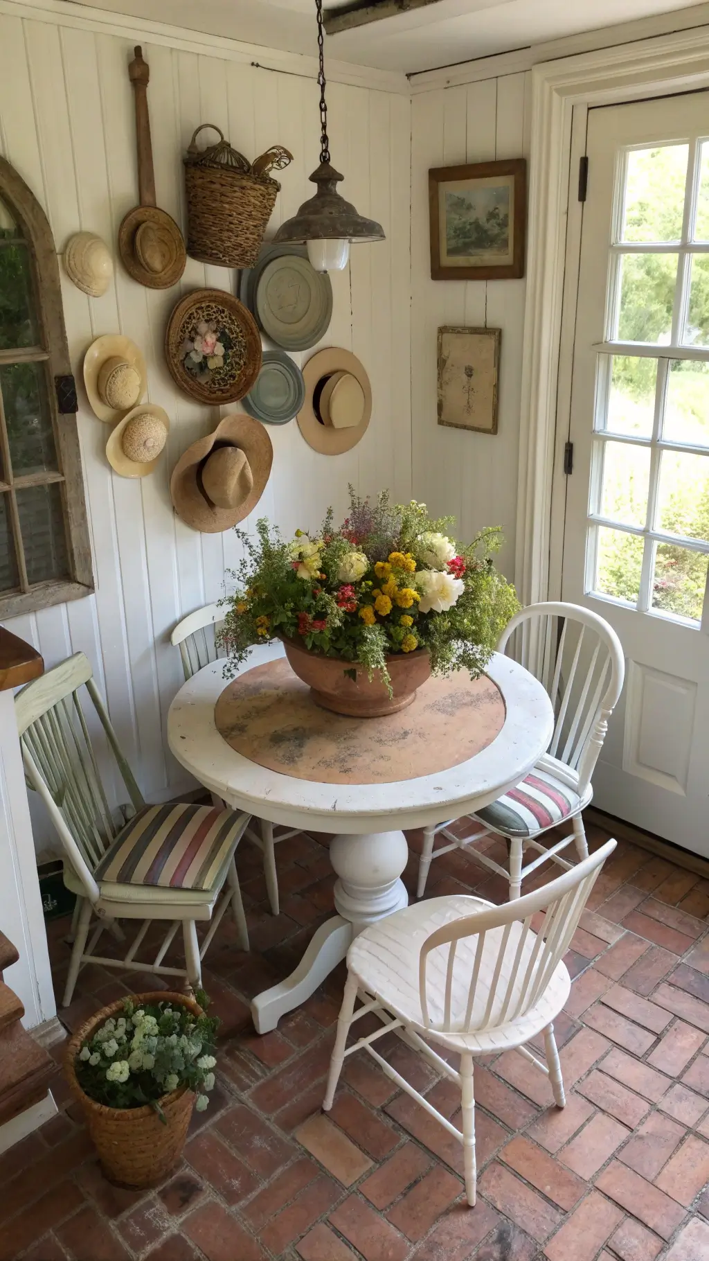 Bird's eye view of a quaint cottage entrance with a round pedestal table full of seasonal blooms, surrounded by four cream spindle-back chairs, straw hats and vintage baskets on a ladder against the wall, with sunlight streaming through window panes onto brick floors.