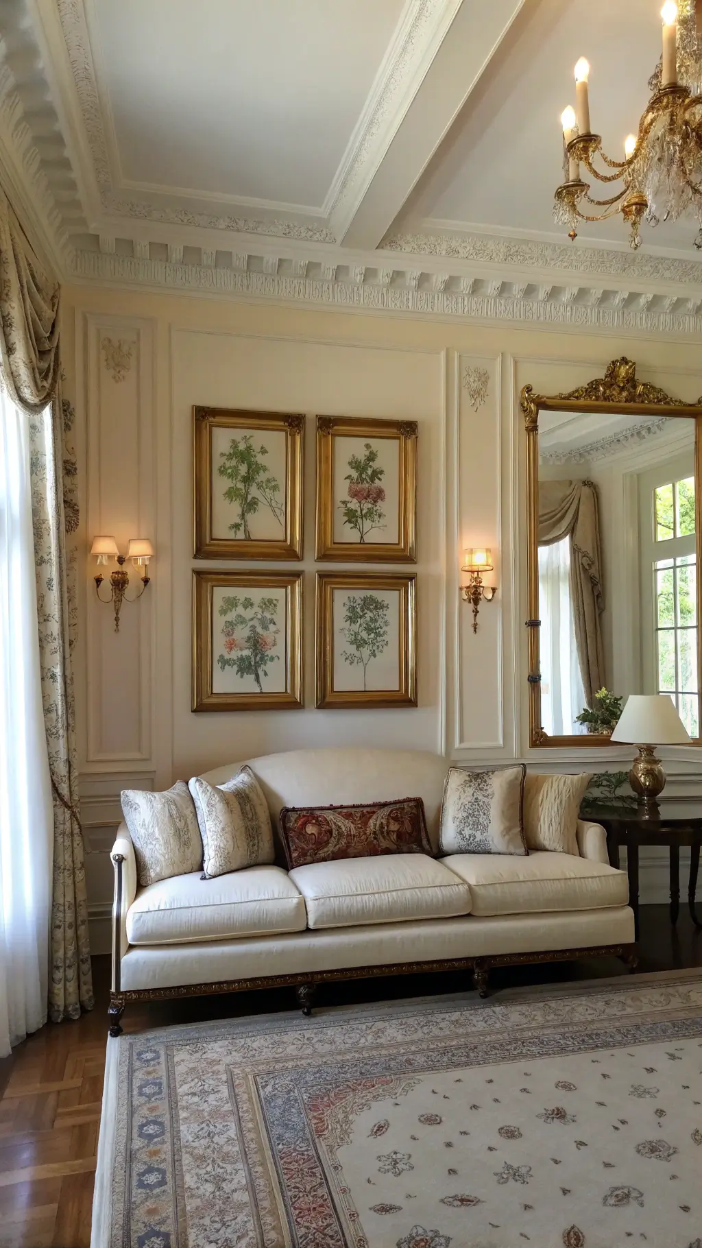 Traditional 16x20ft living room featuring detailed crown molding, a classic rolled-arm sofa in ivory linen beneath a large ornate gilt mirror, botanical prints in gold frames, silk throw pillows, antique brass accessories, with soft afternoon light coming through sheer curtains. The room has a palette of soft creams, rich golds, and sage accents.