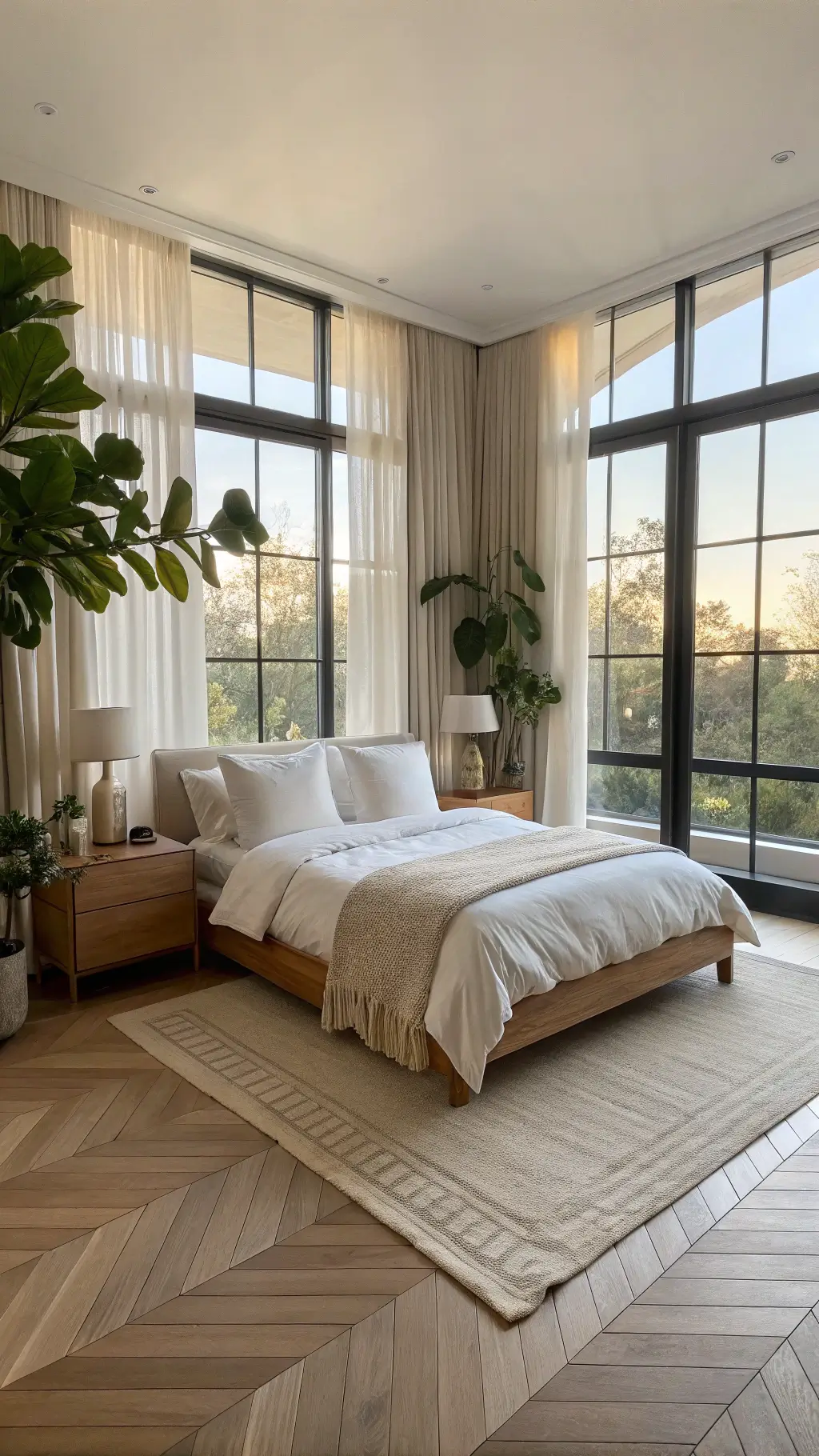Sunny, minimalist 14x16ft bedroom with bleached maple platform bed, sheer linen curtains, white oak herringbone floors, smoky glass table lamps on matching nightstands, live-edge bench, and indoor plants during golden hour.