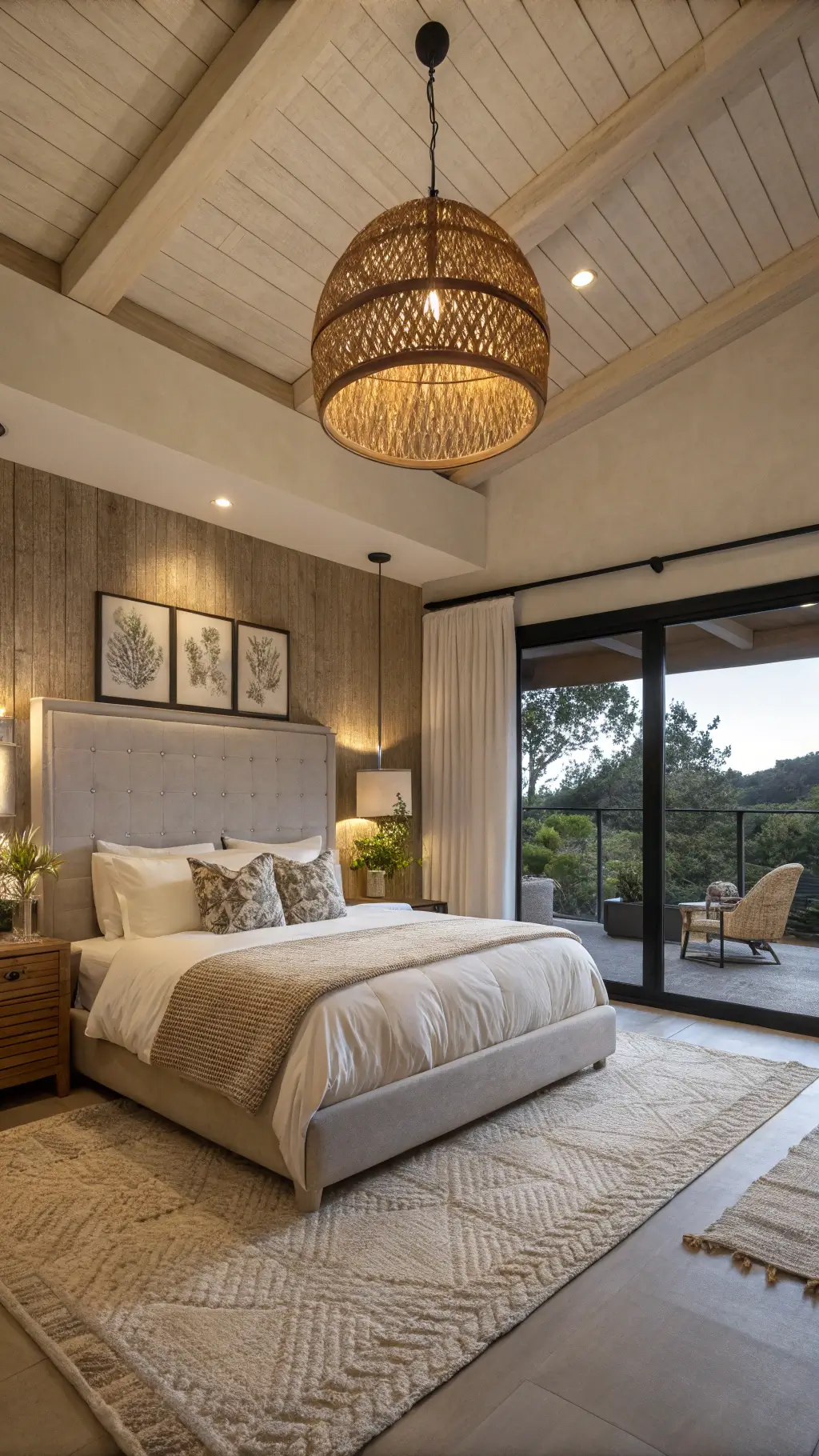 Modern bedroom with high ceilings, rattan lamp, oatmeal linen bed against a textured wall, ceramic vessels on a black floating shelf, jute rug on concrete floor, and morning light streaming through bamboo blinds.