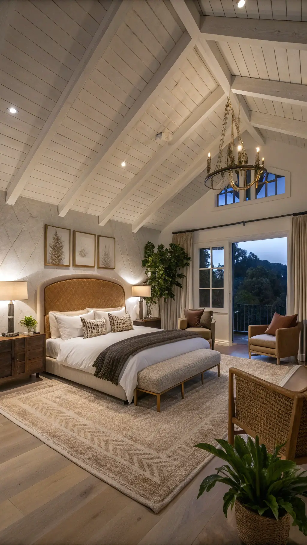 Elevated perspective view of a sophisticated 16x18ft primary bedroom at dusk showcasing vaulted ceilings with white-washed beams, curved oak headboard king bed against marble accent wall, conversation area with boucle bench and woven leather safari chairs, cascading pothos plants on brass sconces, and rich textured furnishings under dim ambient lighting with architectural highlights.