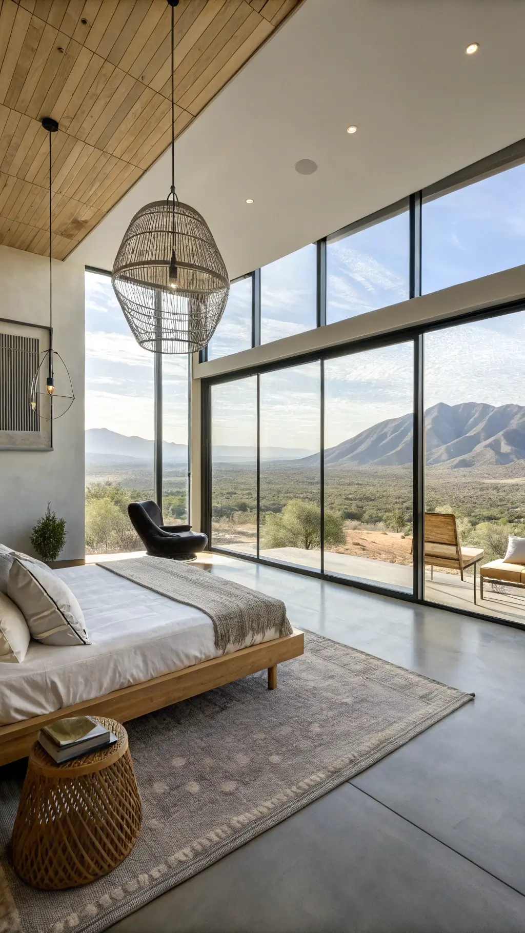 Minimal styled 15x15ft airy bedroom at midday, featuring a light ash wood platform bed, polished concrete floors, pendant lights, rattan chair, black and white photography, brass floor mirror, with strong natural light highlighting its desert-inspired palette, and floor-to-ceiling windows presenting mountain views.