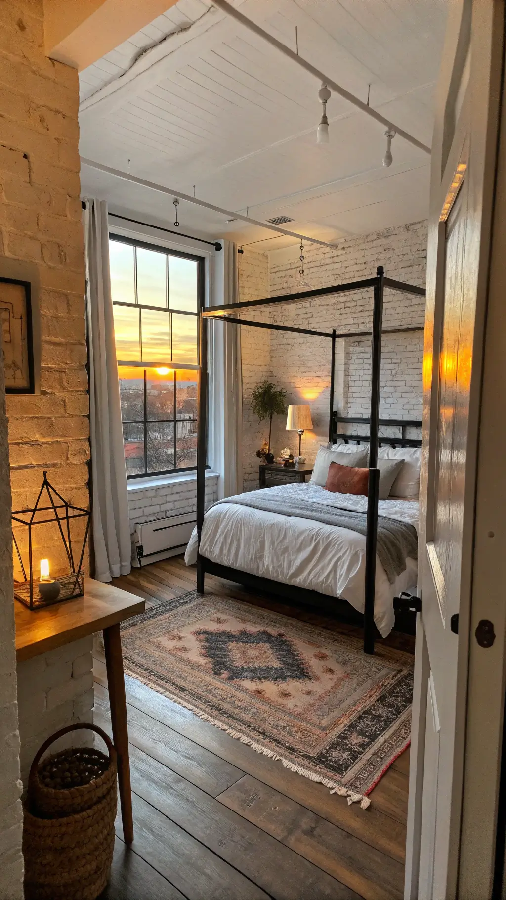Cozy 13x15ft bedroom at sunset with historic white brick walls, modern black steel four-poster bed, vintage Moroccan rug, oak plank floors, ceramic lamps, textured linen drapes, leather pillows, and woven baskets.