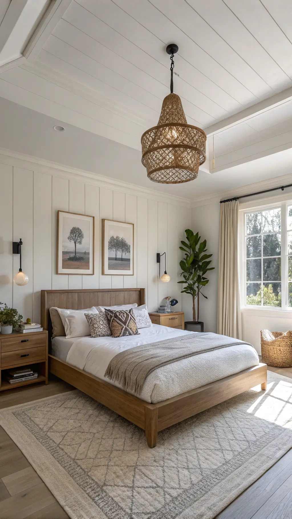 First light in a serene 14x16ft bedroom with modern cove lighting framed by original restored crown molding, a low profile bleached teak platform bed with floating nightstands, an oversized neutral toned artwork, potted olive tree, vintage ceramic vessels, and a handwoven pendant light casting intricate shadows. The room has a natural materials focus with elements of wood, raw silk, and ceramics and is captured at a 45-degree angle with soft diffused morning light and subtle lens flare.