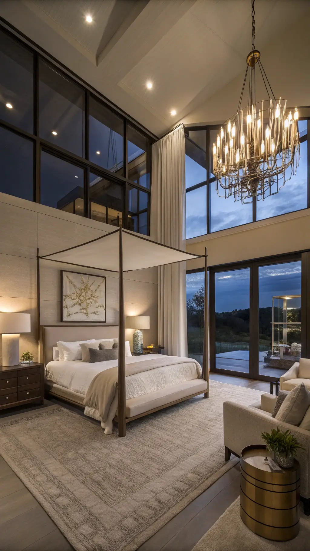 Luxurious 16x20ft bedroom at twilight featuring double-height automated linen sheer windows, contemporary brushed brass canopy bed with ivory upholstery, vintage leather club chairs reading nook, oversized abstract art in neutral tones, layered lighting elements, and architectural lighting that creates a moody evening atmosphere.