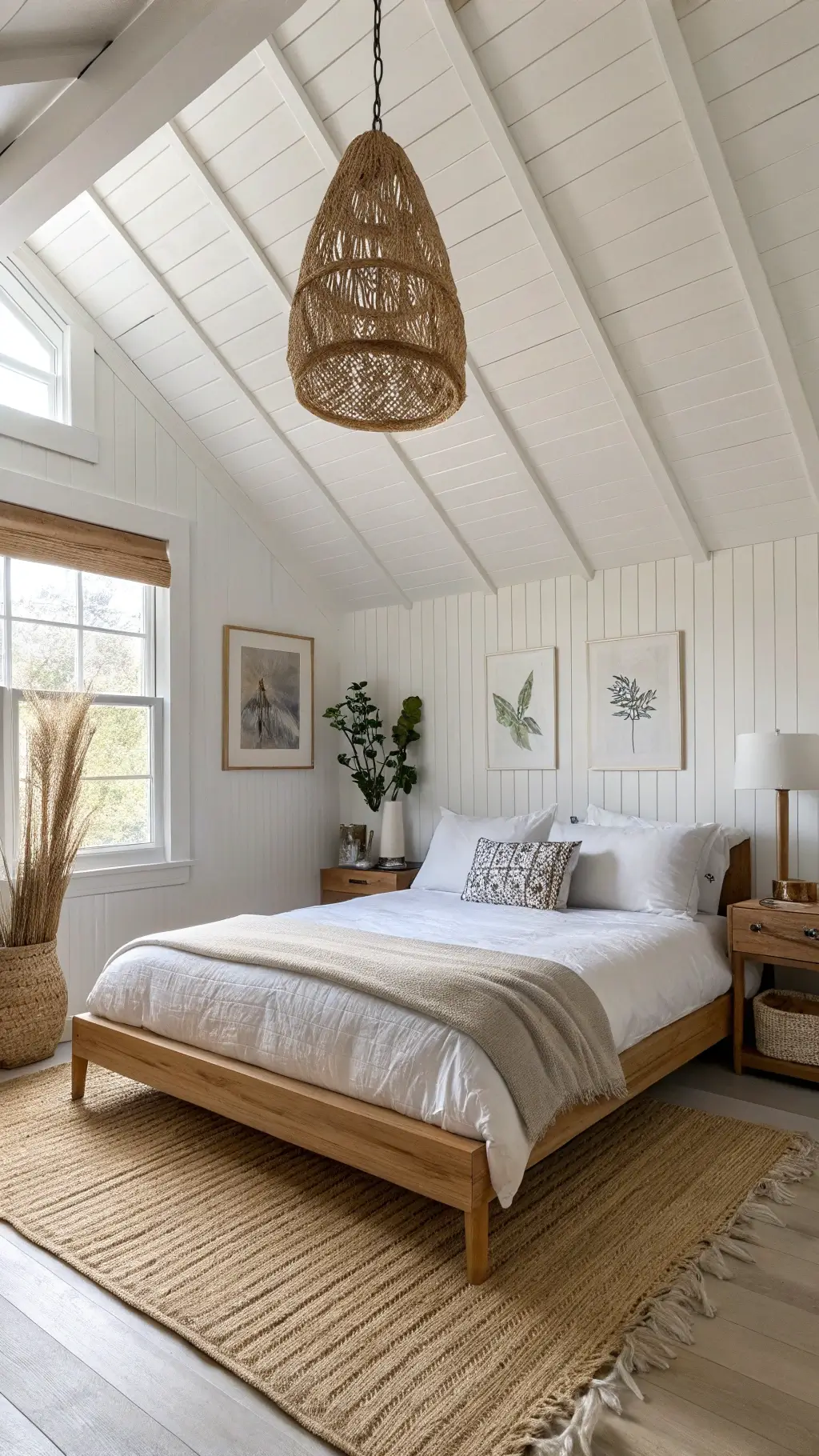 Modern and minimalistic 12x14 ft bedroom with white beadboard ceiling, low natural oak bed with organic linen, handwoven rattan pendant casting dappled shadows, vintage ceramic lamp, abstract drawings, trailing plants, framed by gauzy curtains.