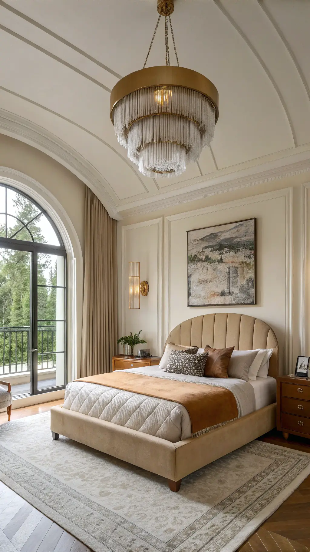 Luxurious 15x17ft bedroom at magic hour featuring restored architecture, modern furnishings, bleached maple platform bed with curved bouclé headboard, abstract photography above vintage cognac leather bench, handblown glass pendants and rich textures of velvet, mohair, raw silk, and brushed brass in golden late afternoon light.