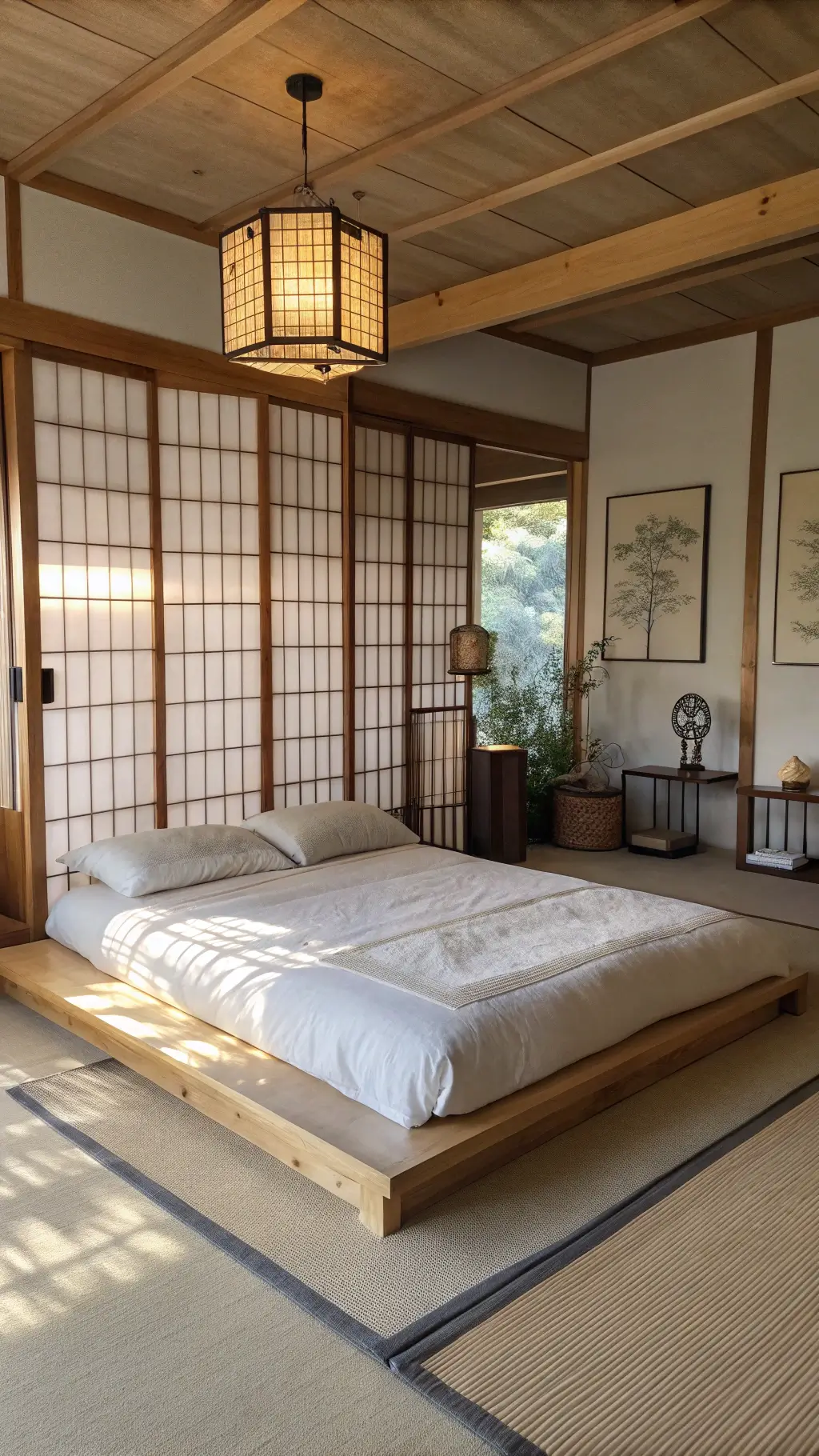 Minimalist 14x16ft Zen bedroom at dawn with Shoji screens, white oak platform bed, ceramic side tables, ikebana arrangement, meditation cushions, and rice paper lamp, decorated in natural woods, handmade paper, and raw silk.