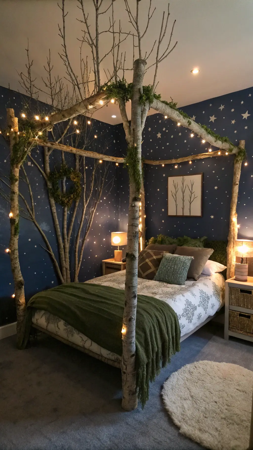 Twilight enchanting forest-inspired 14x16ft bedroom with LED light adorned birch four-poster bed, midnight blue starry ceiling, silver-leafed tree silhouette wallpaper, and organic bedding, viewed from the doorway with glass orb candles casting shadows.