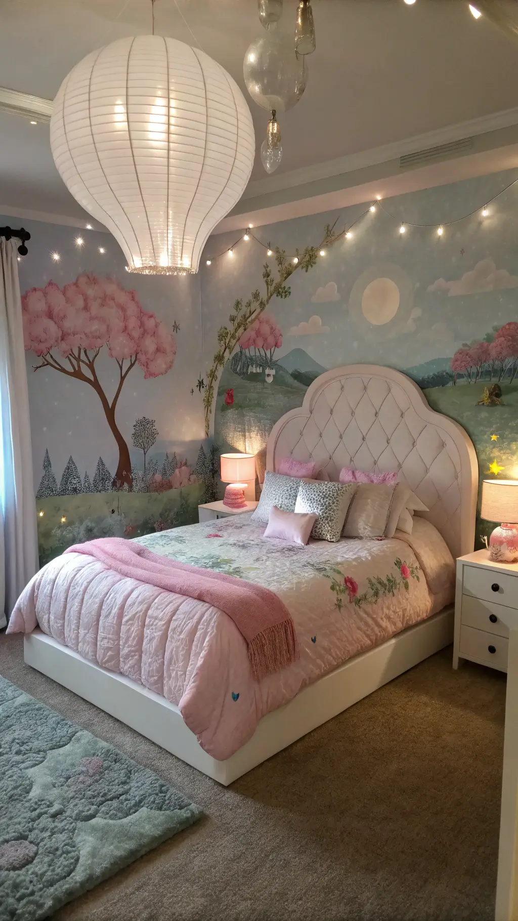 Whimsical 13x15ft storybook-themed bedroom at dusk featuring a cloud-shaped bed platform with hidden lighting, hand-painted watercolor mural walls, cotton-candy pink quilts with iridescent pillows and silver-threaded blankets, and hanging pastel paper lanterns, captured with a 35mm lens.