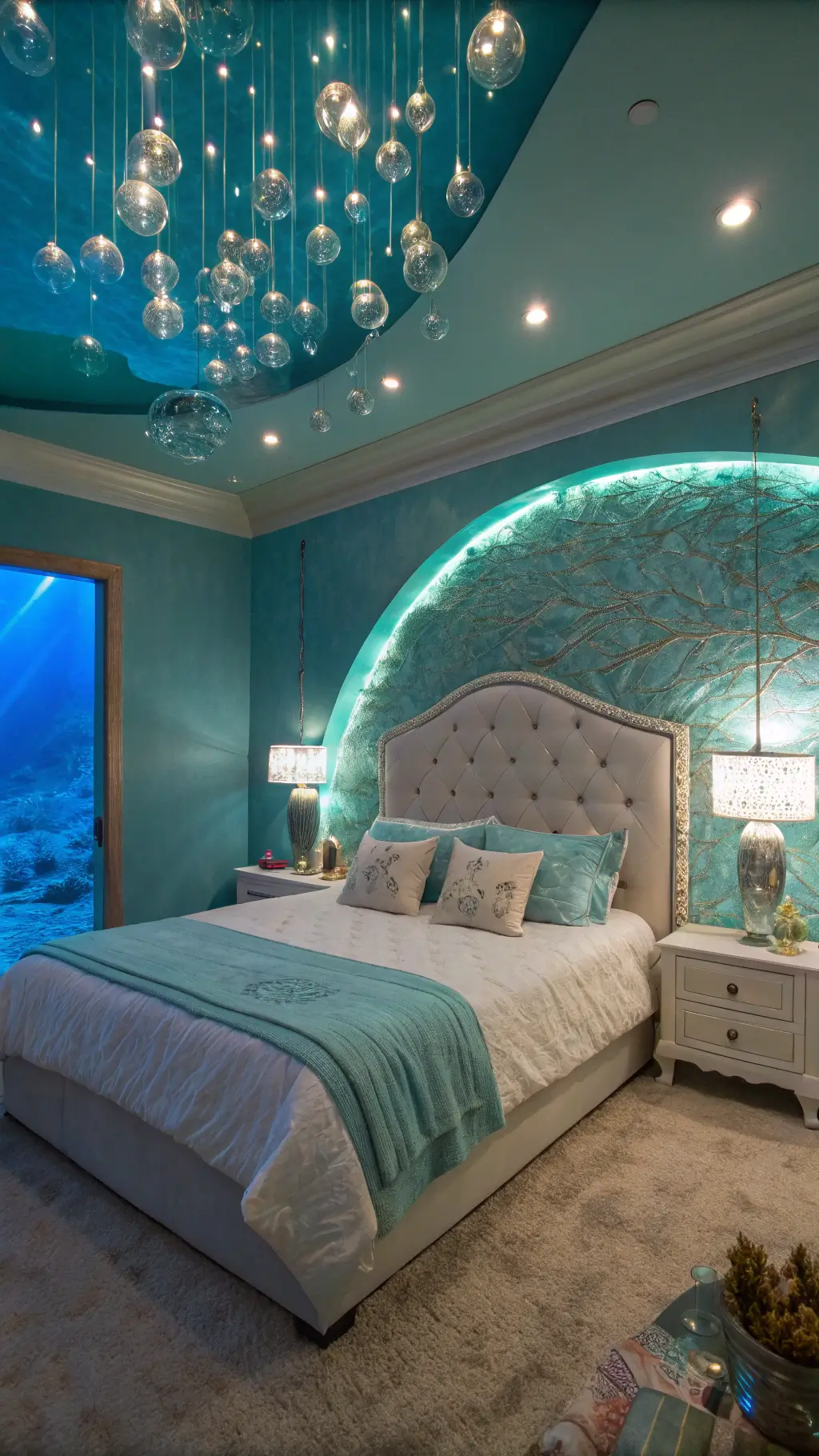 Underwater-themed 14x16ft bedroom at midday with an iridescent wave-shaped headboard, pearlescent painted walls, ombré aqua bed linens, seashell pillows, gossamer throws, and suspended bubble-like glass lights.