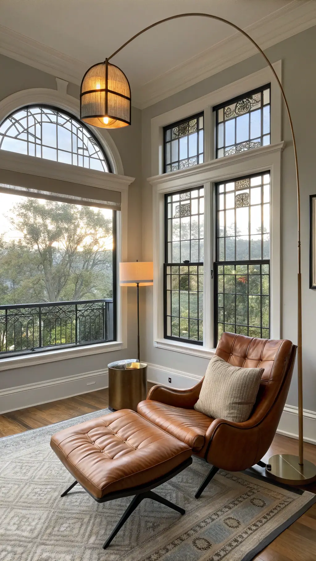 Mid-century inspired living room bathed in golden light with geometric light patterns on pearl-gray walls, featuring a leather reading nook, a curved brass floor lamp and contrasting black steel-framed windows.