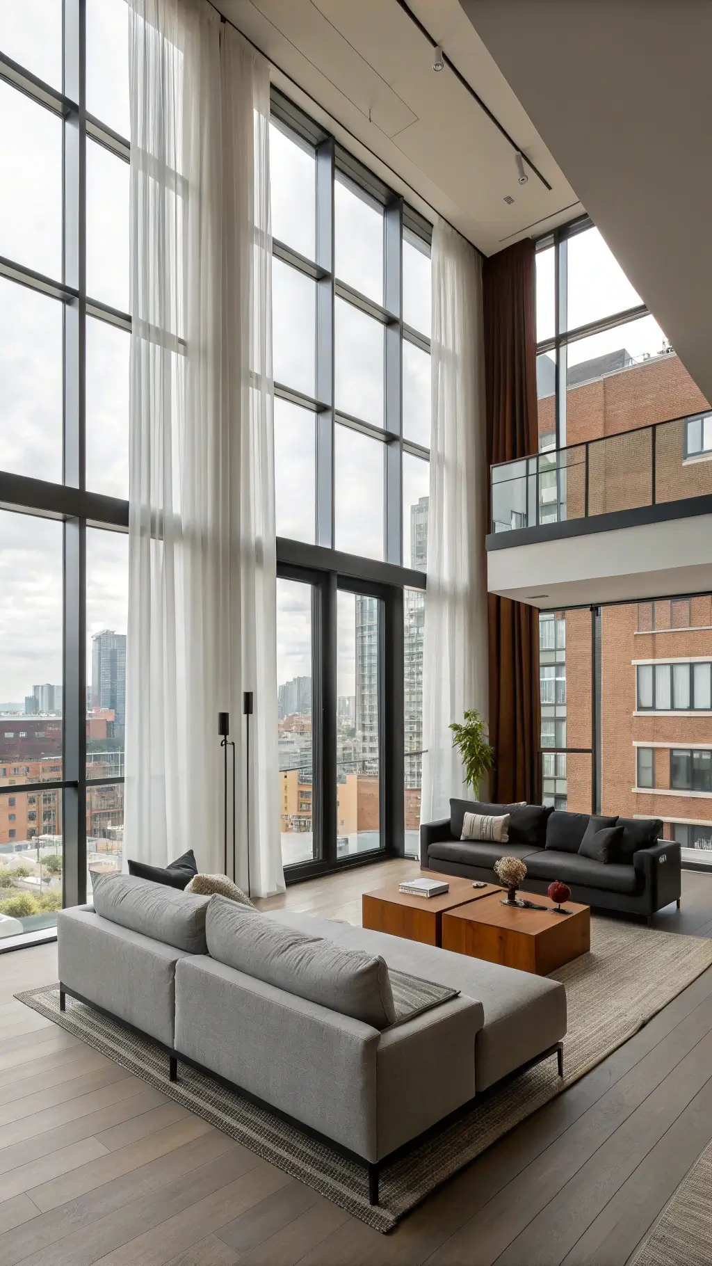 Spacious open-concept living room with double-height windows, sheer curtains, a gray sectional, walnut tables, and black metal sculptures, featuring a palette of warm grays, walnut, and matte black.