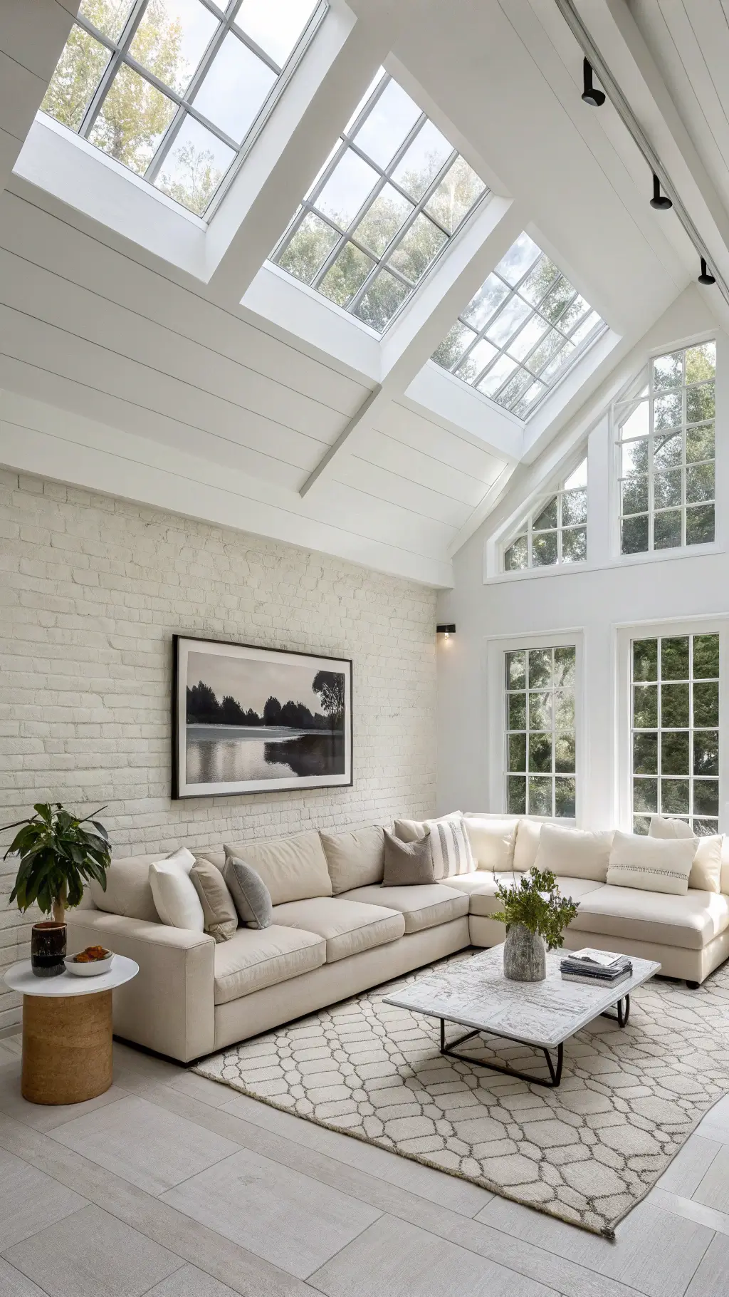 Minimalist 20x24ft sanctuary with 16ft pitched ceilings, skylights, whitewashed walls, oatmeal linen sectional, geometric marble side tables, and large black and white photograph.