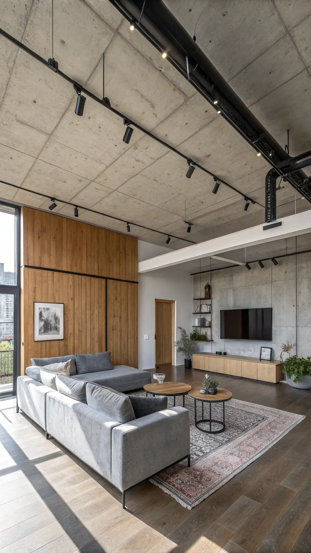 Overhead view of a contemporary 21x25ft living room with industrial design, featuring exposed concrete ceiling, white oak millwork, a modular gray velvet sectional, and a concrete coffee table, highlighted by minimalist black track lighting.