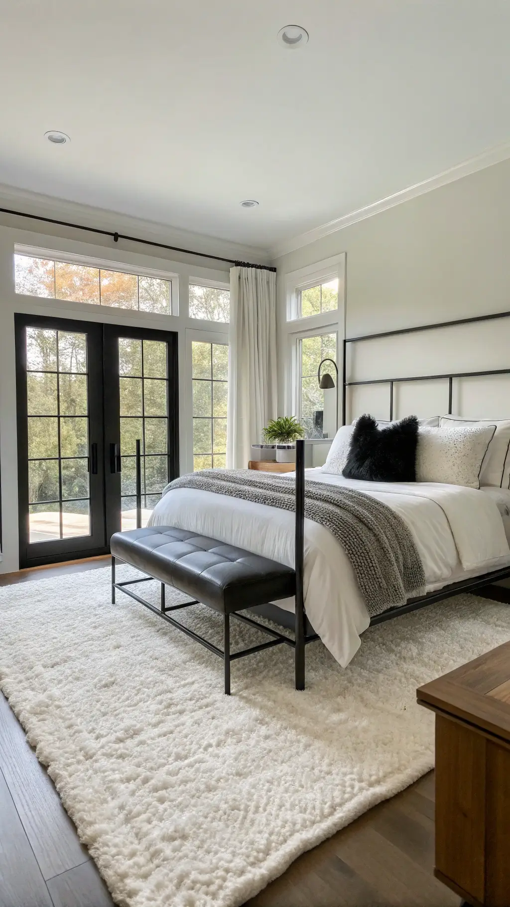 Modern 14x16ft bedroom with morning light coming through floor-to-ceiling windows, a matte black metal bed with white linen and charcoal throw, plush ivory rug, black velvet pillows, and leather bench. Black and white photography on white walls. High-contrast golden hour lighting.