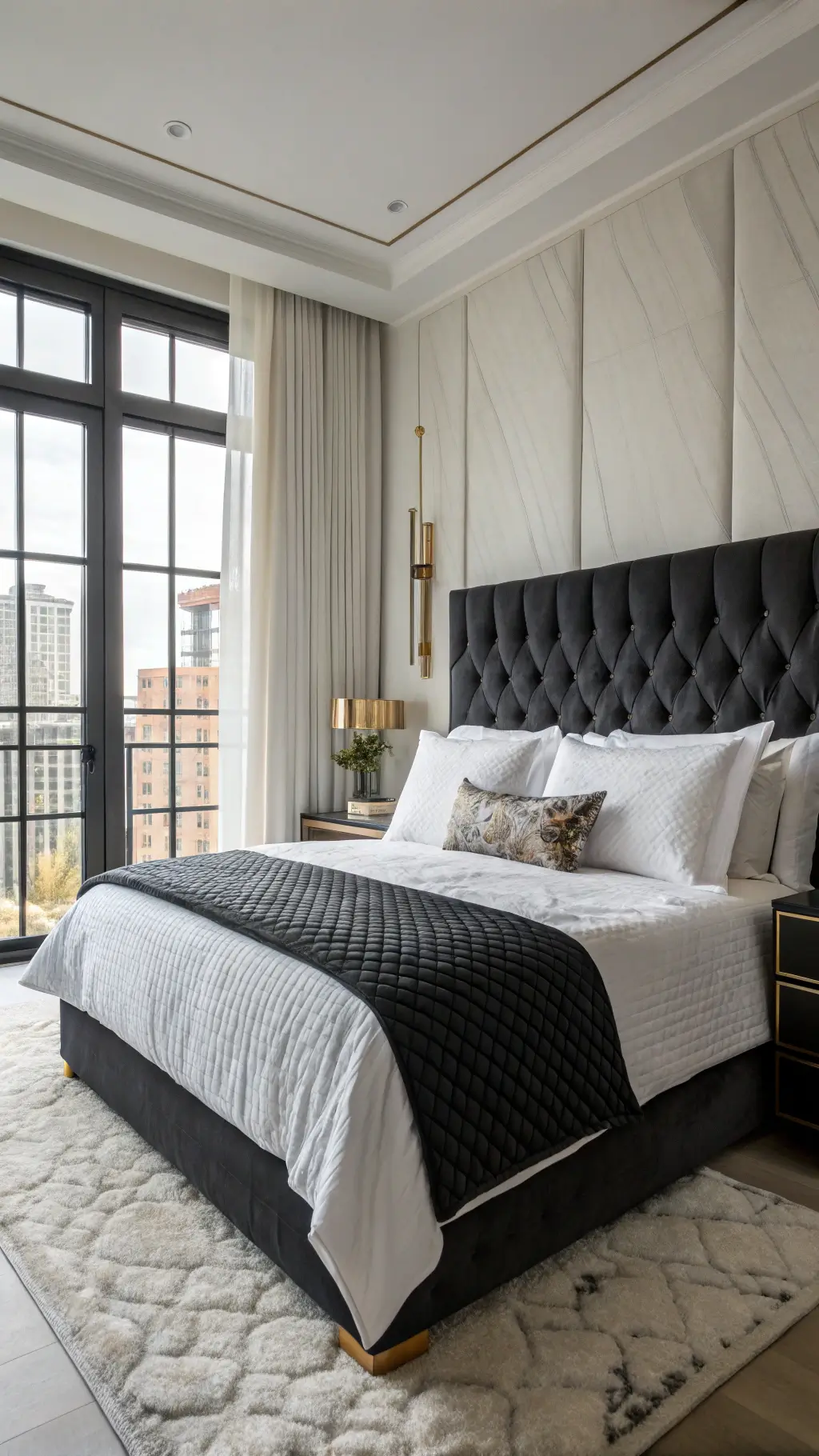 Luxurious king-size bed with white Egyptian cotton sheets, black velvet headboard, and mixed textile pillows, flanked by brass sconces and white silk drapery panels on windows, in front of a white marble-top nightstand with black ceramic vessel