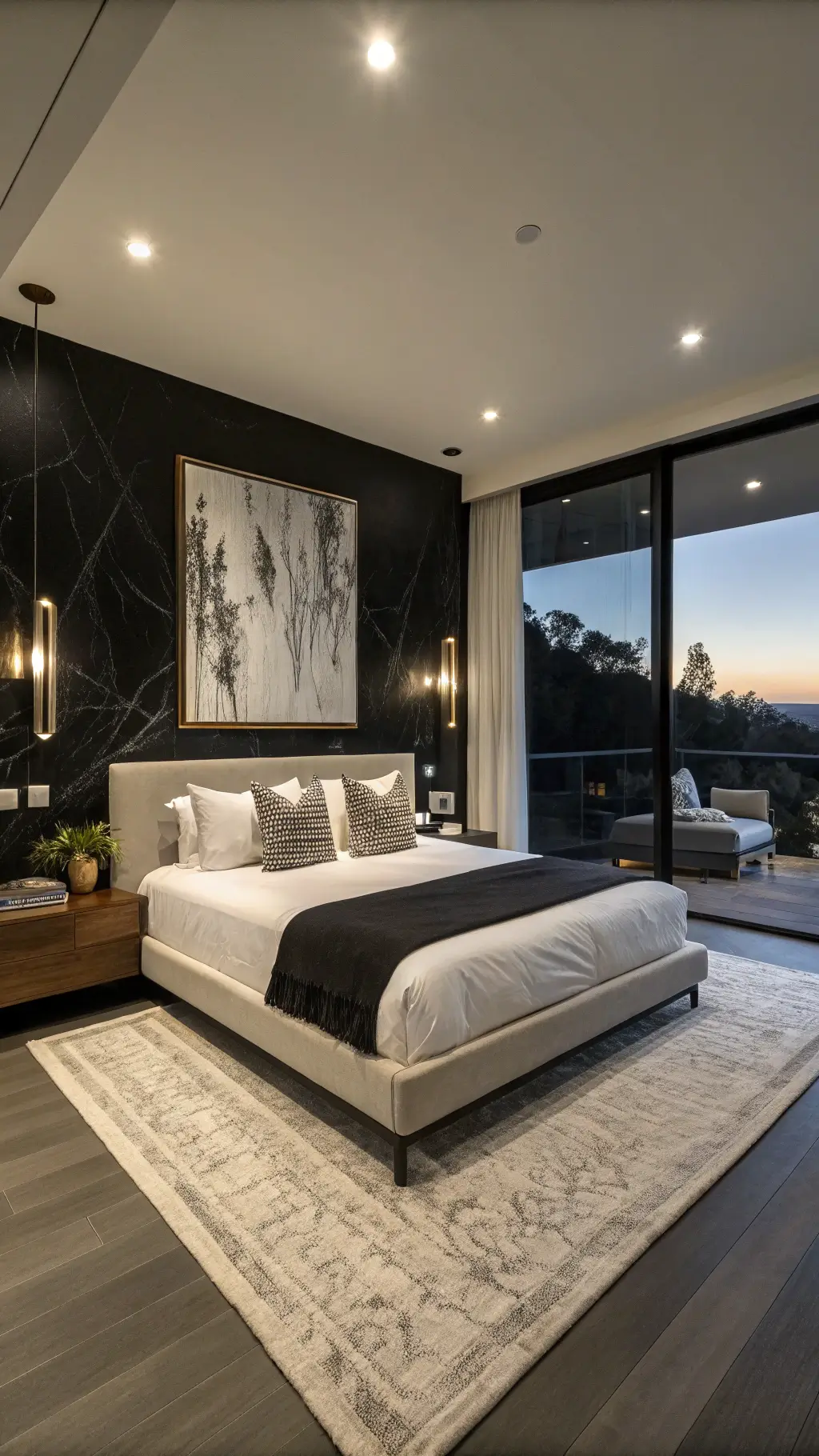 Serene master bedroom at dusk with black accent wall, white bedding, black linen euro shams, cashmere throw, white oak nightstands with black marble tops, brass hardware, and large black and white abstract canvas, illuminated by moody evening lighting.