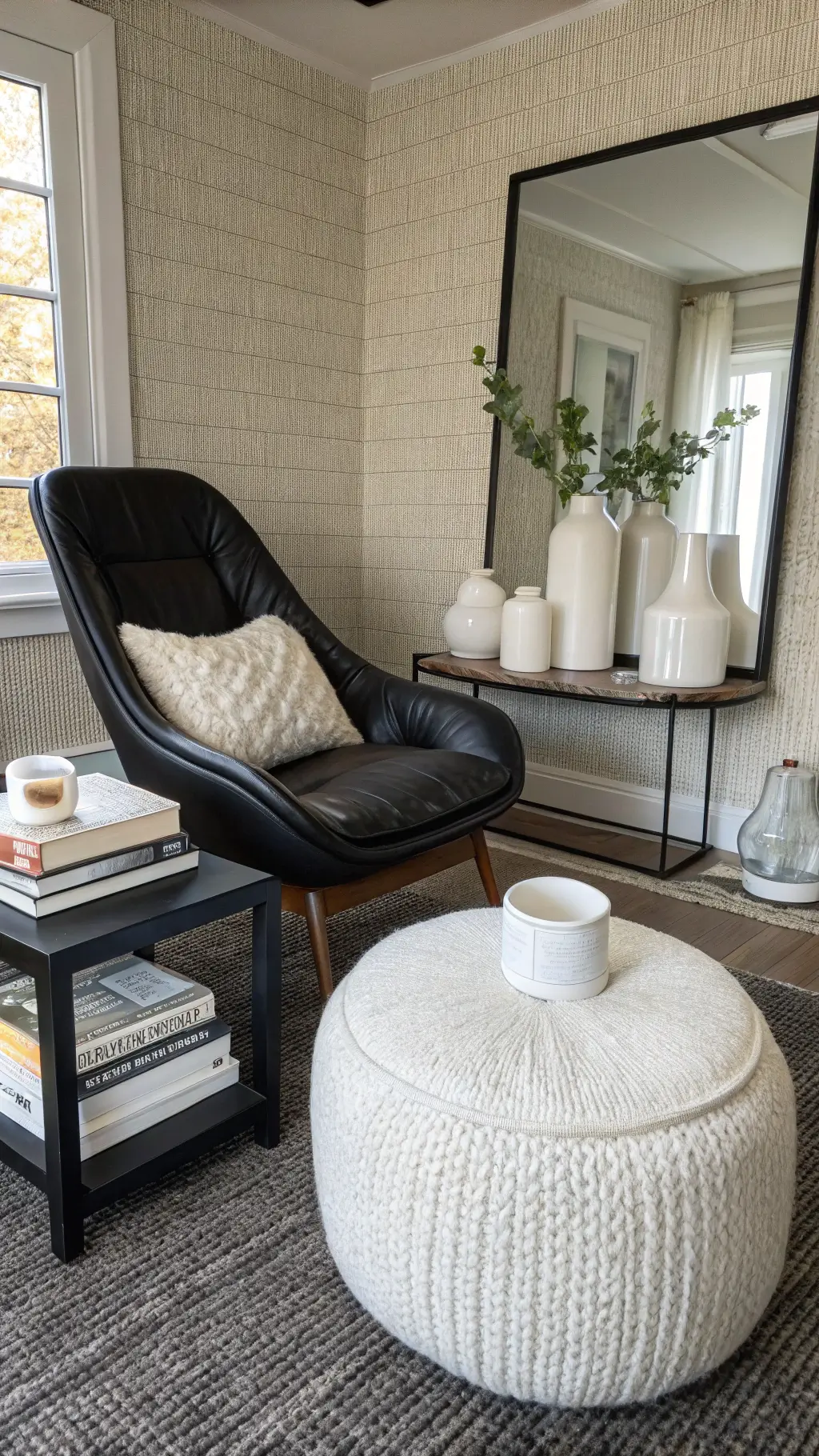 Elegant bedroom sitting area featuring interplay of materials with black leather chair, white ottoman, metal floor mirror against grasscloth wallpaper, styled with ceramic vessels, coffee table books, and knit throw.