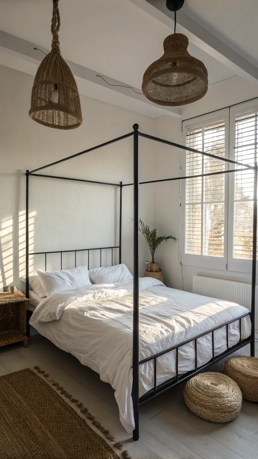 Morning sunlight illuminating a minimalist bedroom with a black steel canopy bed, rumpled white linen bedding, and asymmetrically hung black pendant lights casting shadows on white walls.