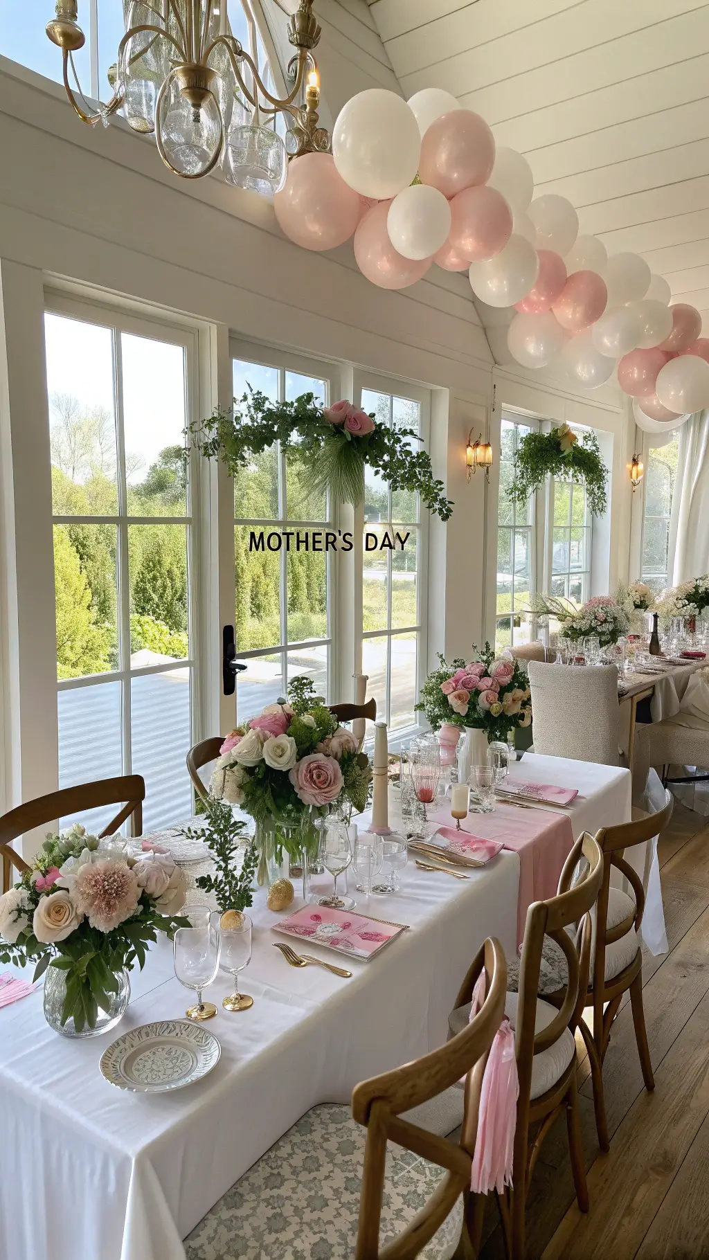 Sunlit Mother's Day brunch setting in a spacious open-concept dining room with a farmhouse table featuring gold-rimmed china, rose gold cutlery, and pink and white balloon arch