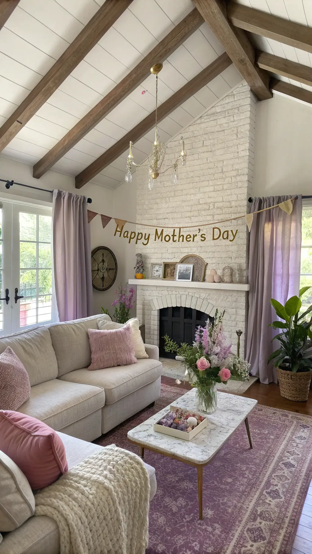 Cozy and intimate living room lounge featuring vaulted ceilings, lavender sheer curtains, cream sectional, marble coffee table, and 'Happy Mother's Day' banner draped across a brick fireplace.