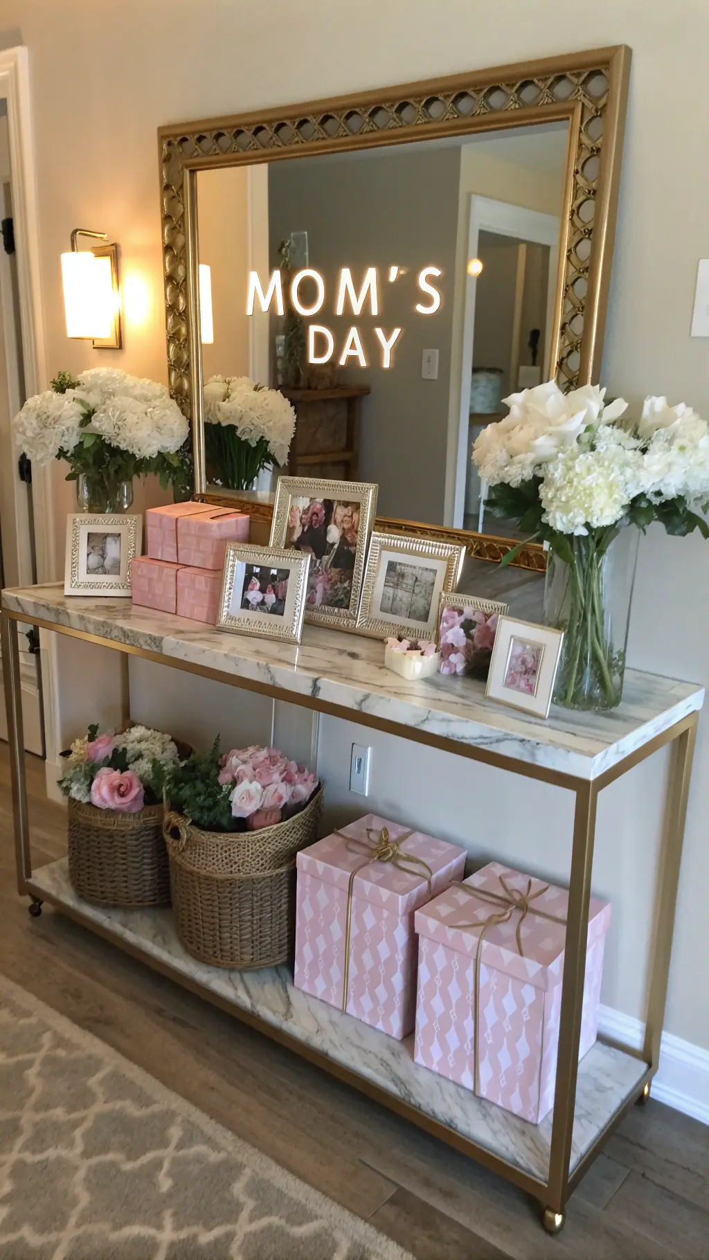 Luxe Gift Display Vignette featuring brass and marble table with blush and metallic wrapped presents, surrounded by white hydrangeas in mercury glass vases, family photos in rose gold frames on floating shelves, and a neon sign reflecting in an ornate mirror reading 'Mom's Day'.