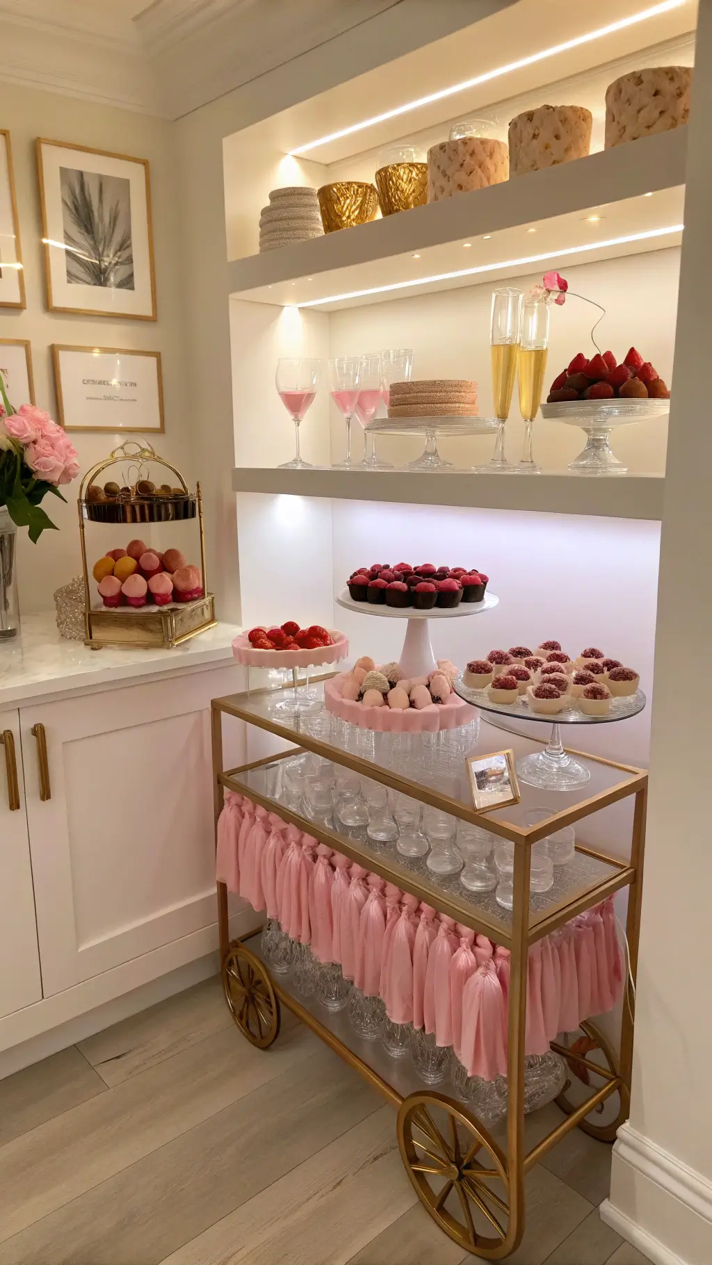 Butler's pantry turned dessert bar with floating shelves of cupcakes, strawberries, and macarons, vintage bar cart with champagne flutes, and pink silk ribbon garlands.