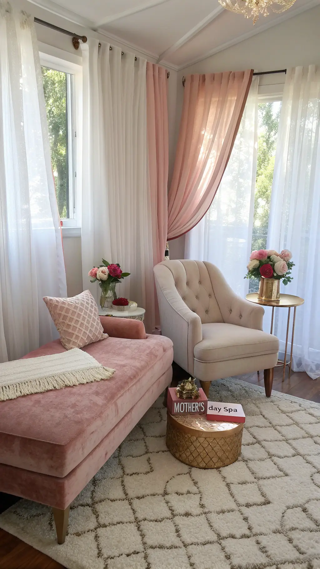 Luxurious master bedroom sitting area with blush velvet chaise longue, cream bouclé accent chair, floating copper side table with a spa gift basket and roses, flowy sheer curtains in white and pink, and a plush ivory area rug, shot from a low angle in soft, filtered morning light.