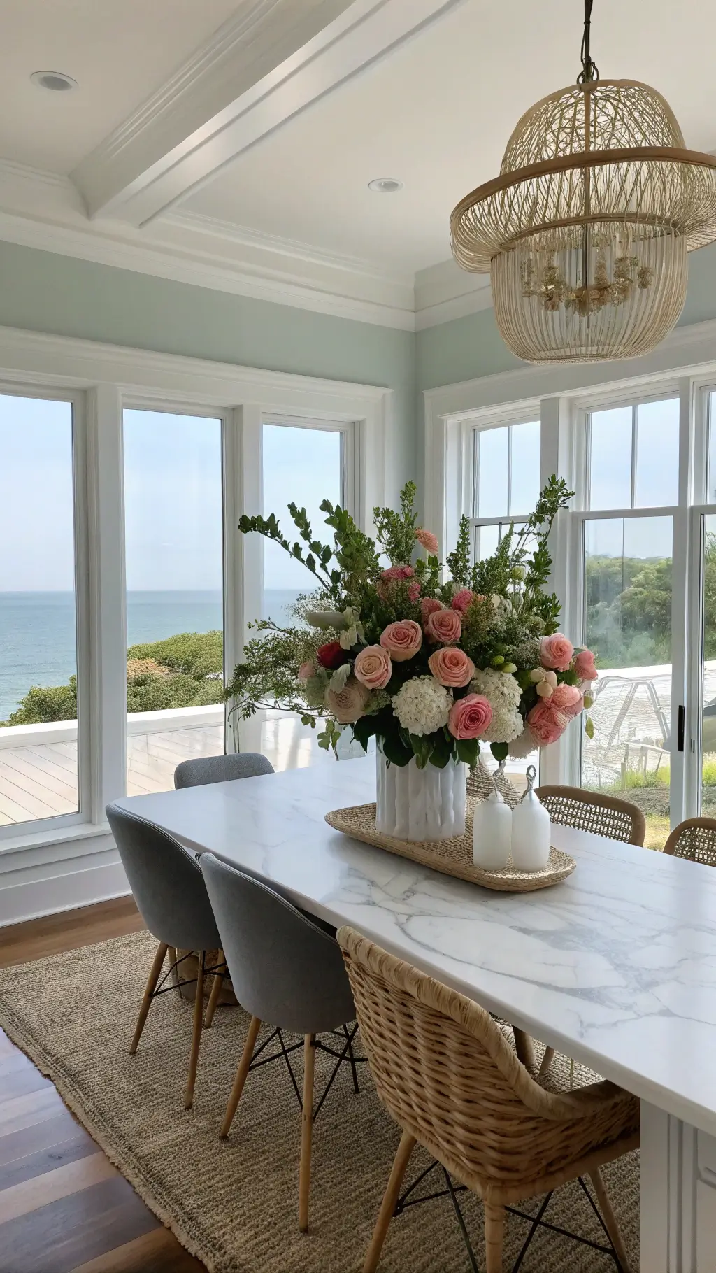 Elegant coastal-themed 15x18ft dining area with floor-to-ceiling windows, adorned with a brass trough centerpiece full of roses, snapdragons, and eucalyptus on a white marble table, and complemented by pale blue walls and a sisal rug.