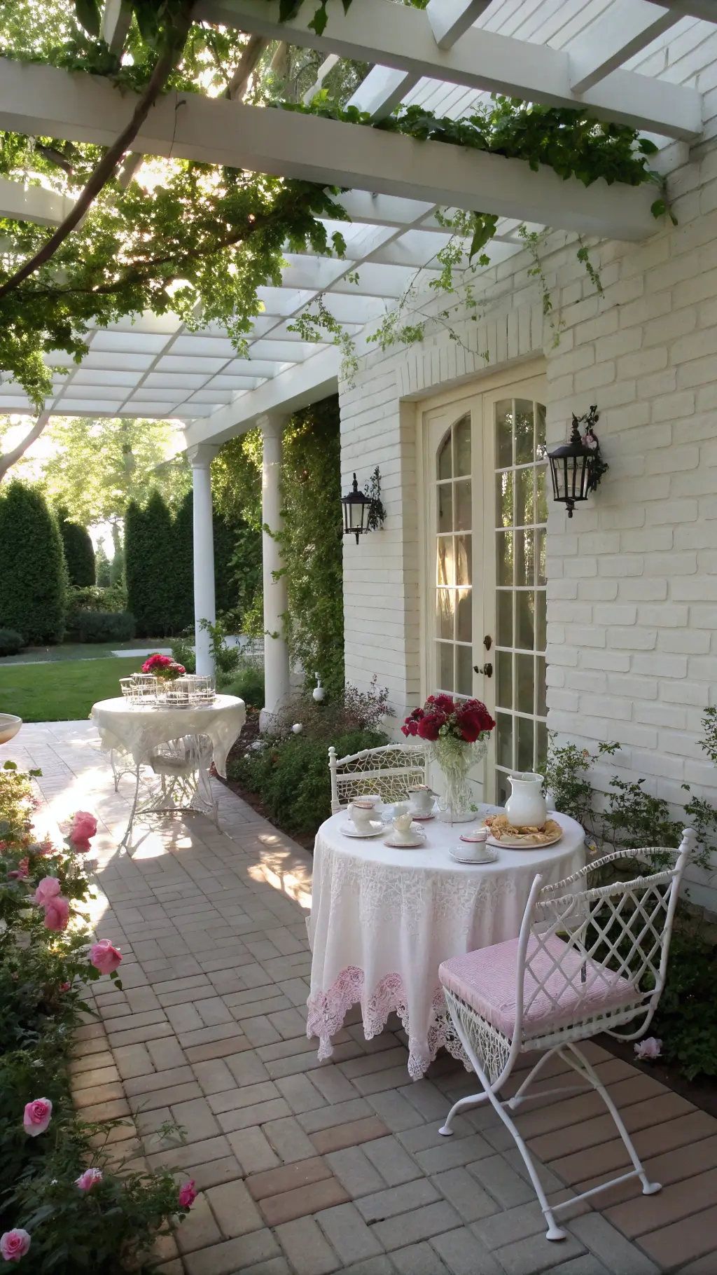 Romantic garden party setup on a 14x16ft covered porch with whitewashed brick, climbing roses, vintage white iron table set with pink linens and a pastry stand, flanked by hanging basket chairs.