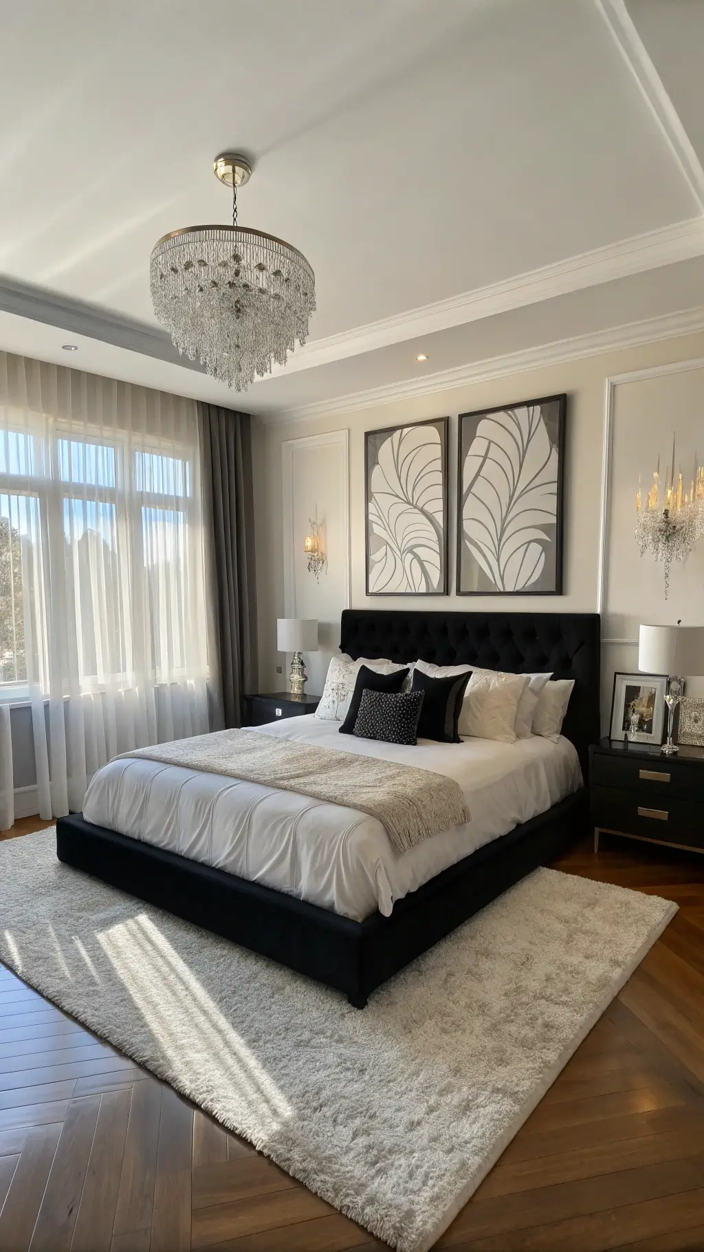 Modern master bedroom with black platform bed, white linens, and black velvet pillows against black accent wall with oversized white abstract art, lit by golden sunlight through sheer white curtains