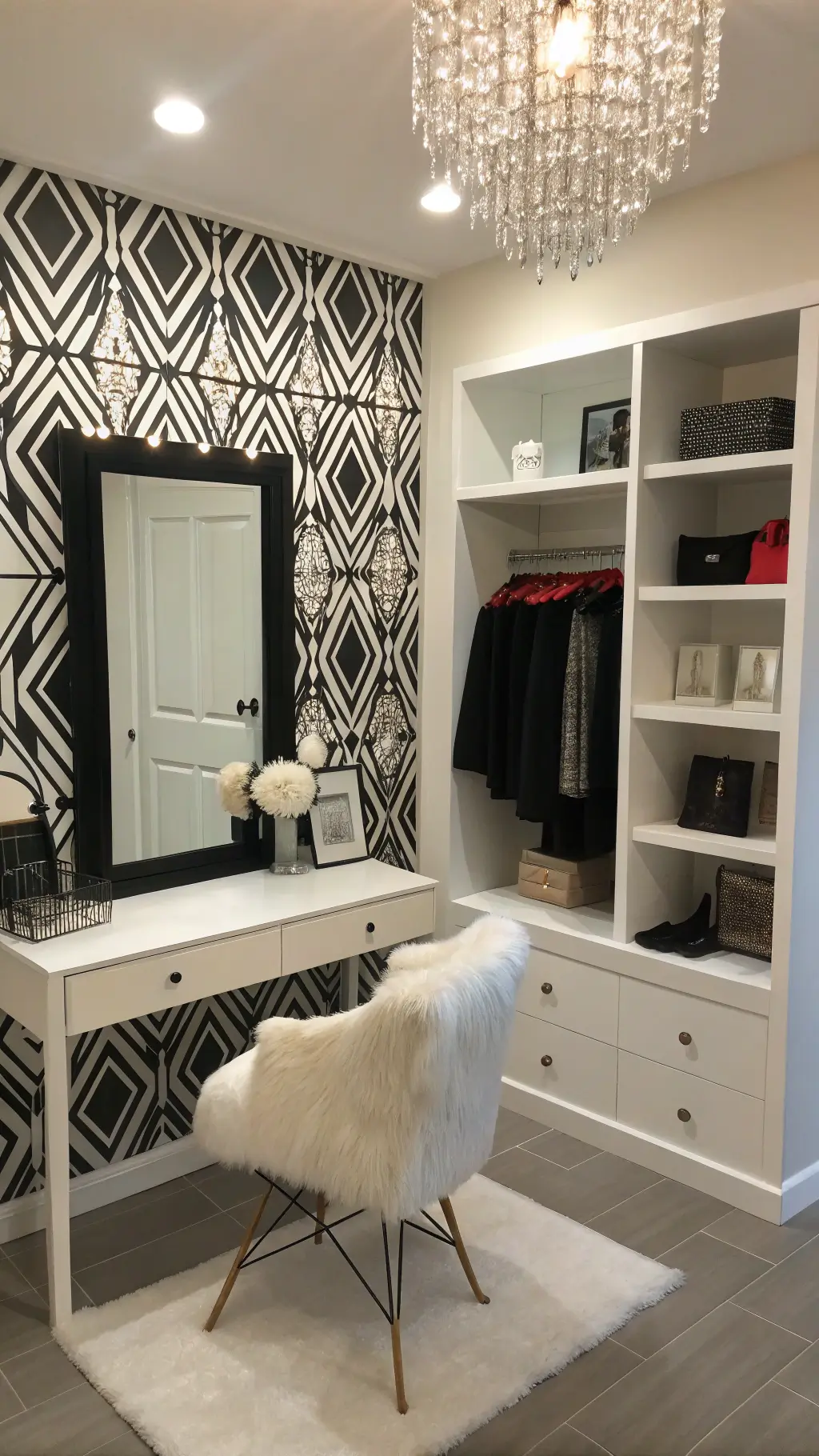 Boutique-style dressing area with geometric wallpaper, minimalist vanity, crystal chandelier, full-length mirror, and built-in shelving showcasing black and white accessories