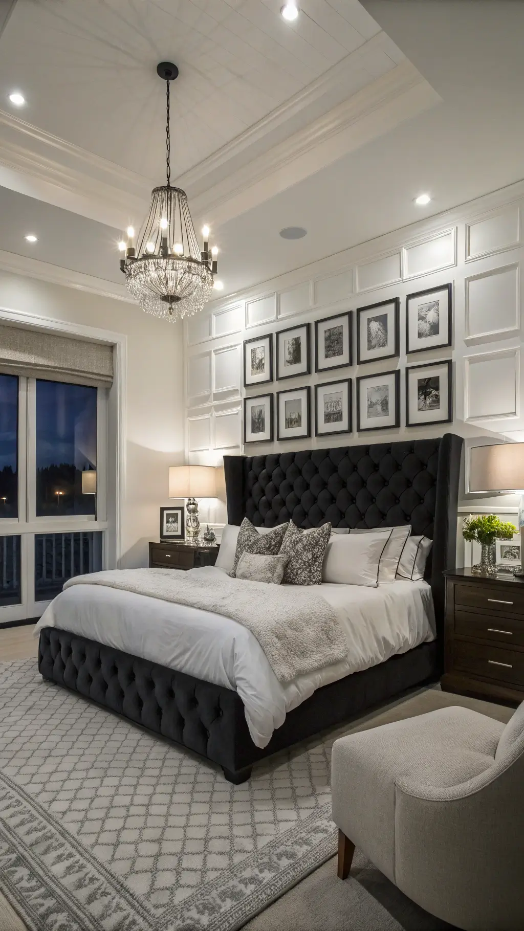 Contemporary bedroom suite at dusk with black velvet headboard, black and white gallery wall, chrome and glass pendant lights, textured white bedding and a reading nook with a black leather chair