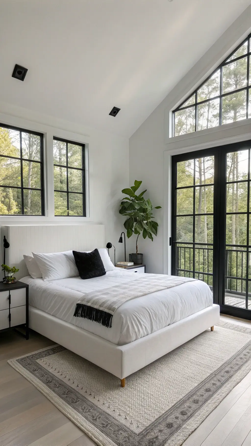 Minimalist white bedroom at dawn with black accents, large windows, platform bed with white linens and black pillow, floating nightstands, and a potted fiddle leaf fig, showcasing natural light and shadows.