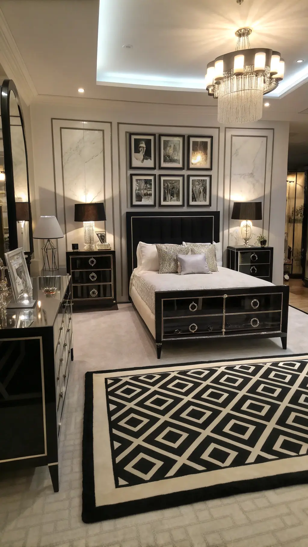 Twilight-lit Art Deco boudoir with black lacquered furniture, white marble surfaces, mirrored nightstands, upholstered bed frame, geometric black and white rug, crystal table lamps, vintage photographs in silver frames, under dramatic soft box lighting.