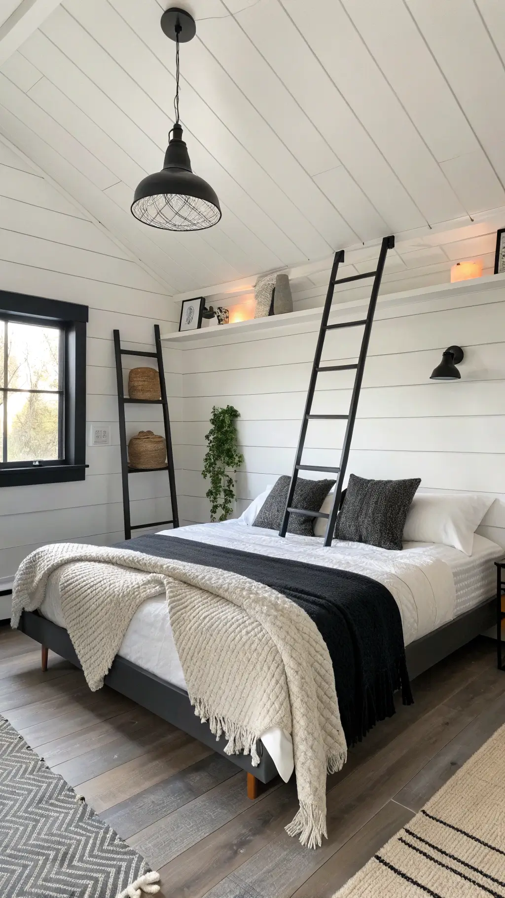 Scandinavian-modern bedroom with white shiplap walls, black accent ceiling, low-profile platform bed, minimal matte black pendant lights, cream and charcoal chunky knit throws, and black metal ladder shelf styled with white ceramics