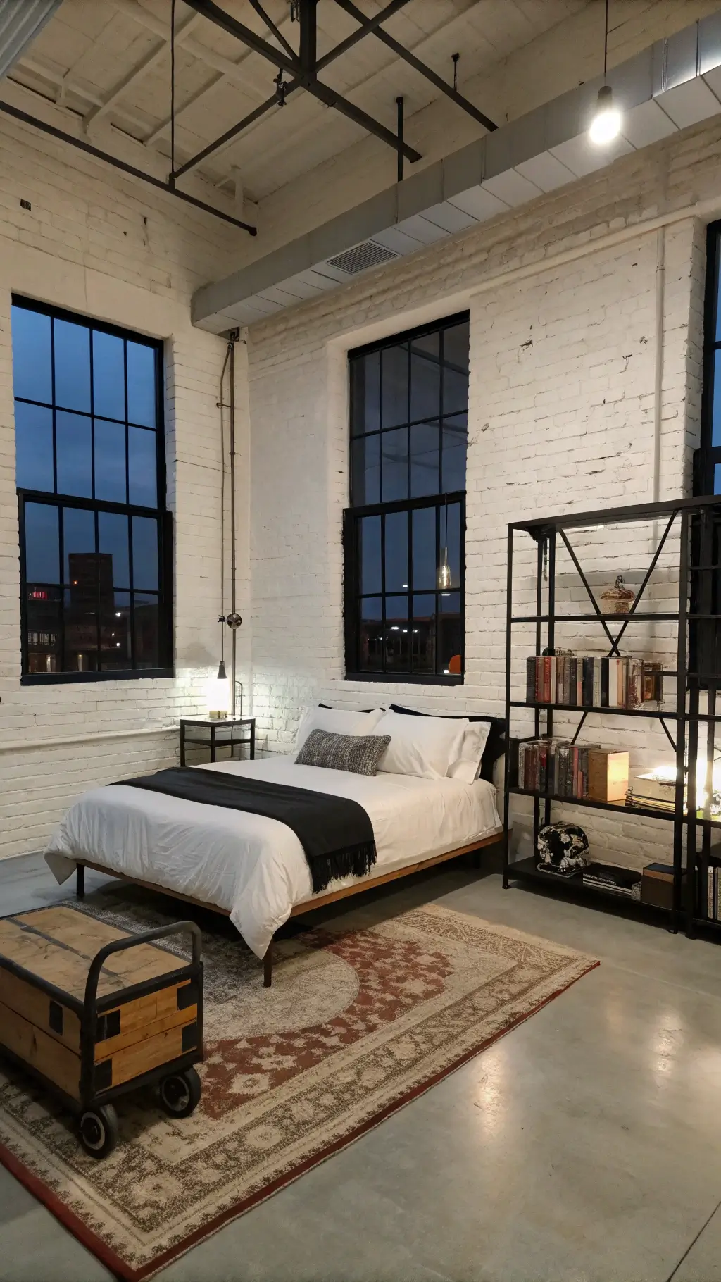 Industrial chic loft bedroom with exposed white brick walls, black steel windows, king bed with white and black linen, vintage industrial cart nightstand, black metal pipe shelving, and polished concrete floors during blue hour.