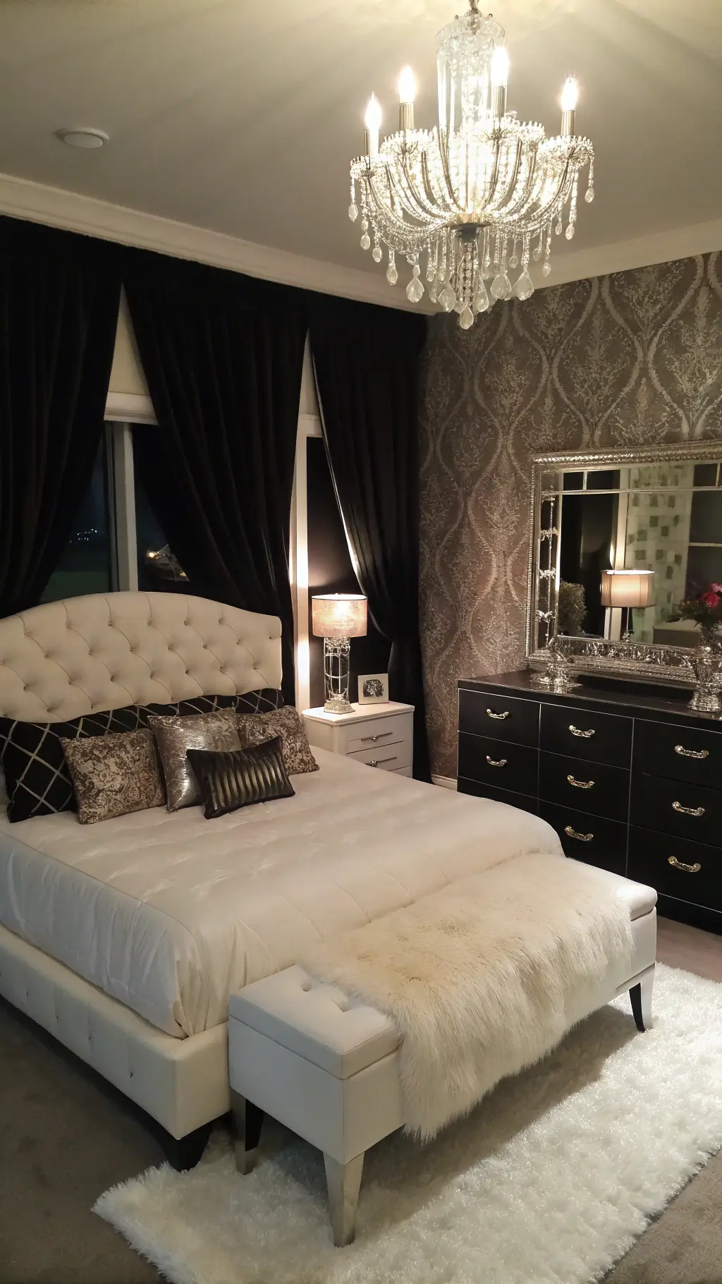 Luxurious glamour bedroom at night featuring a high white tufted headboard, black silk drapes, a crystal chandelier reflected in vintage mirrors, a white fur bench, a black lacquered dresser with silver accessories, with dramatic uplighting casting shadows on textured wallpaper