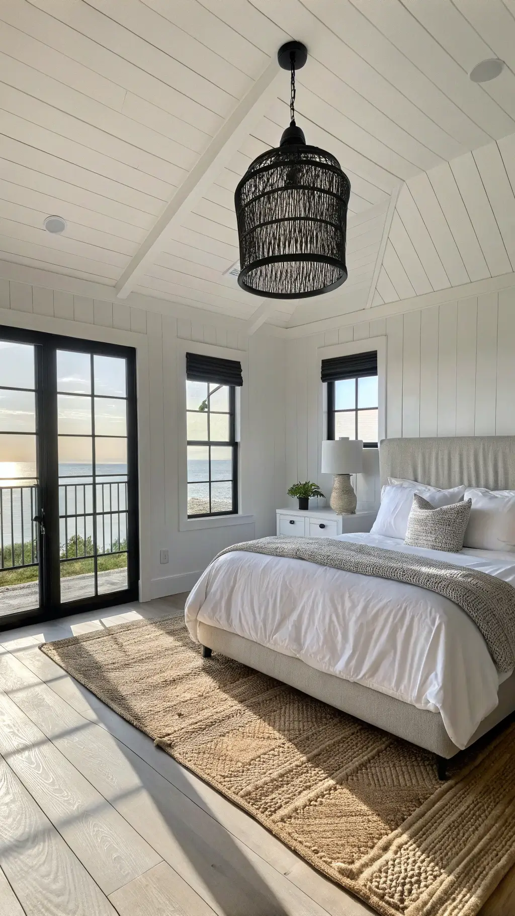 Sunrise in a coastal modern bedroom with white walls, black window frames, a casually dressed linen bed, a black rattan pendant light, white ceramic vessels on a black console, and natural light streaming in.