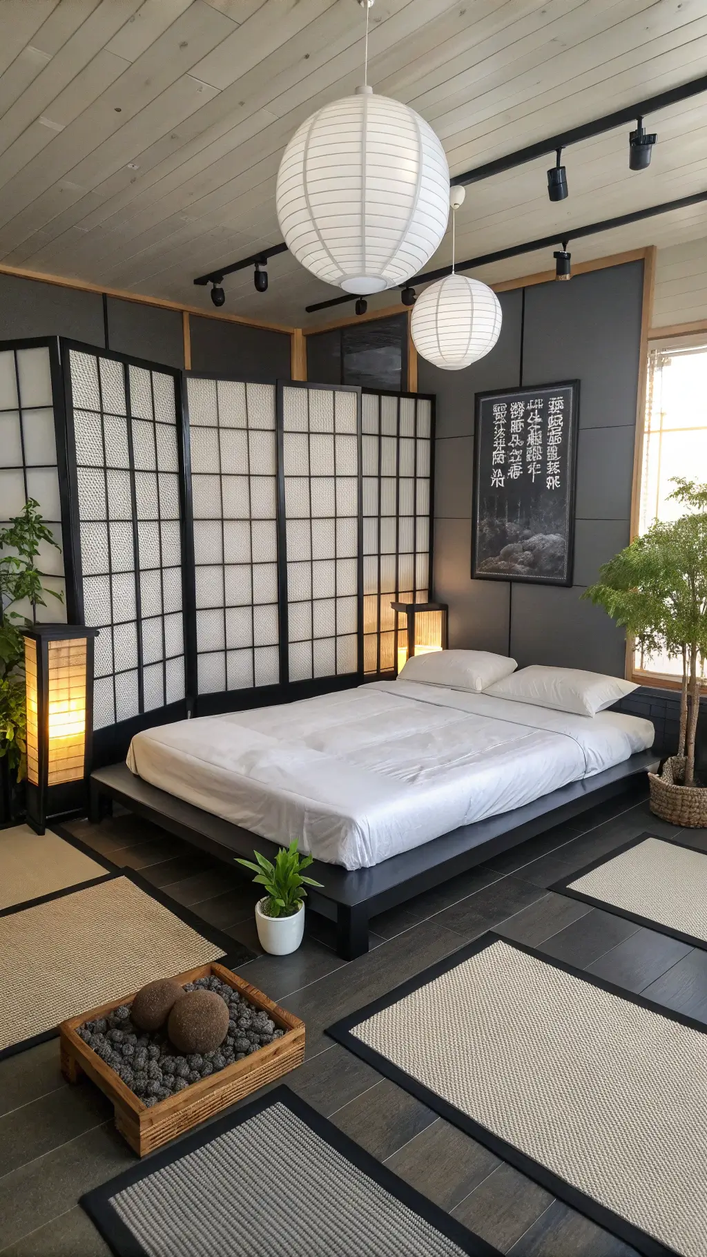 Japanese-inspired bedroom featuring a low platform bed, shoji screens, black floor cushions on tatami mats, and a bonsai on a wooden table, in soft afternoon light.