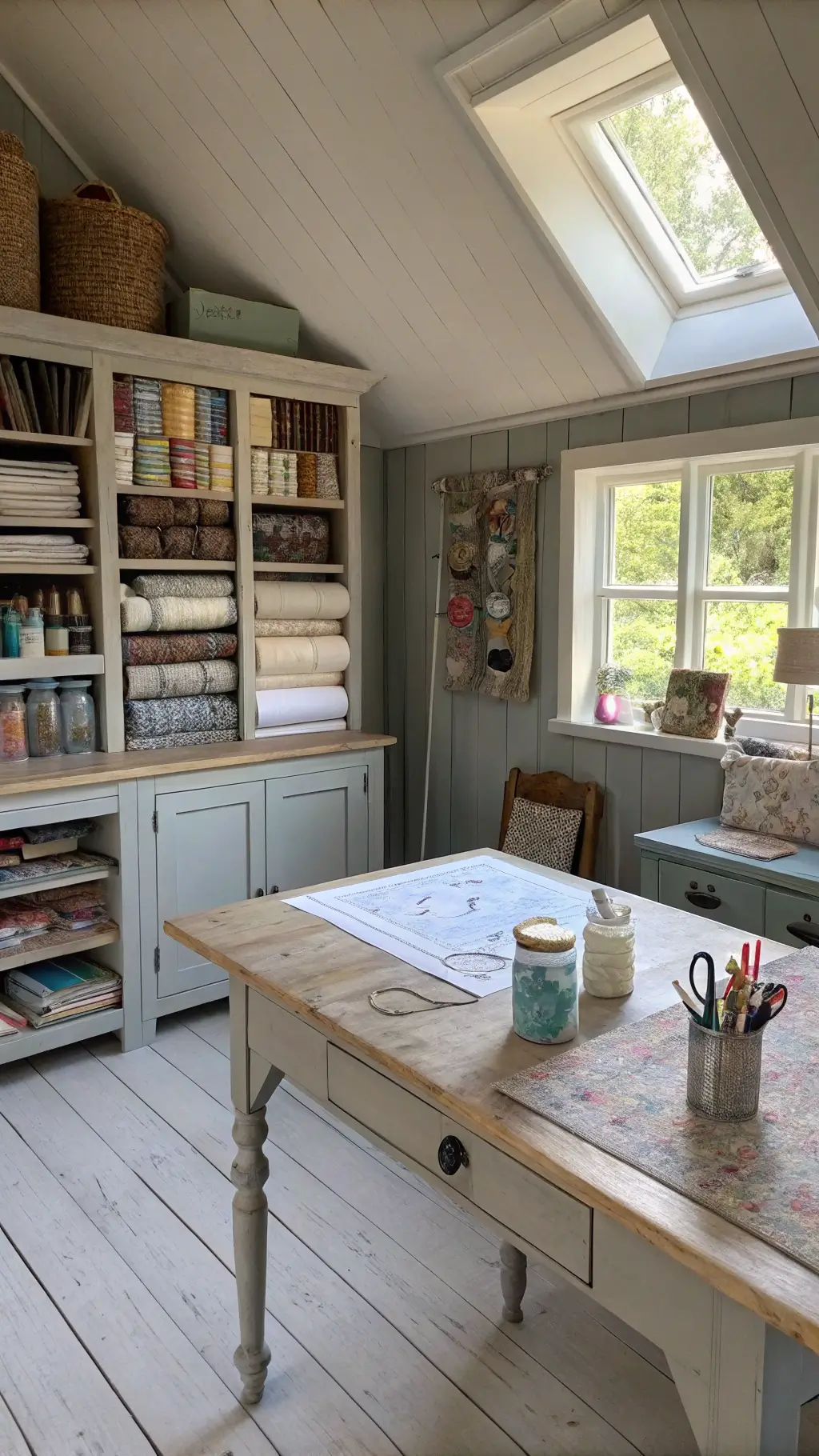 Rustic craft room in a cottage with dormer windows and gray wooden floors, filled with an antique farmhouse table covered in fabric samples and vintage scissors, glass jars of yarn, quilting materials, and task lighting.