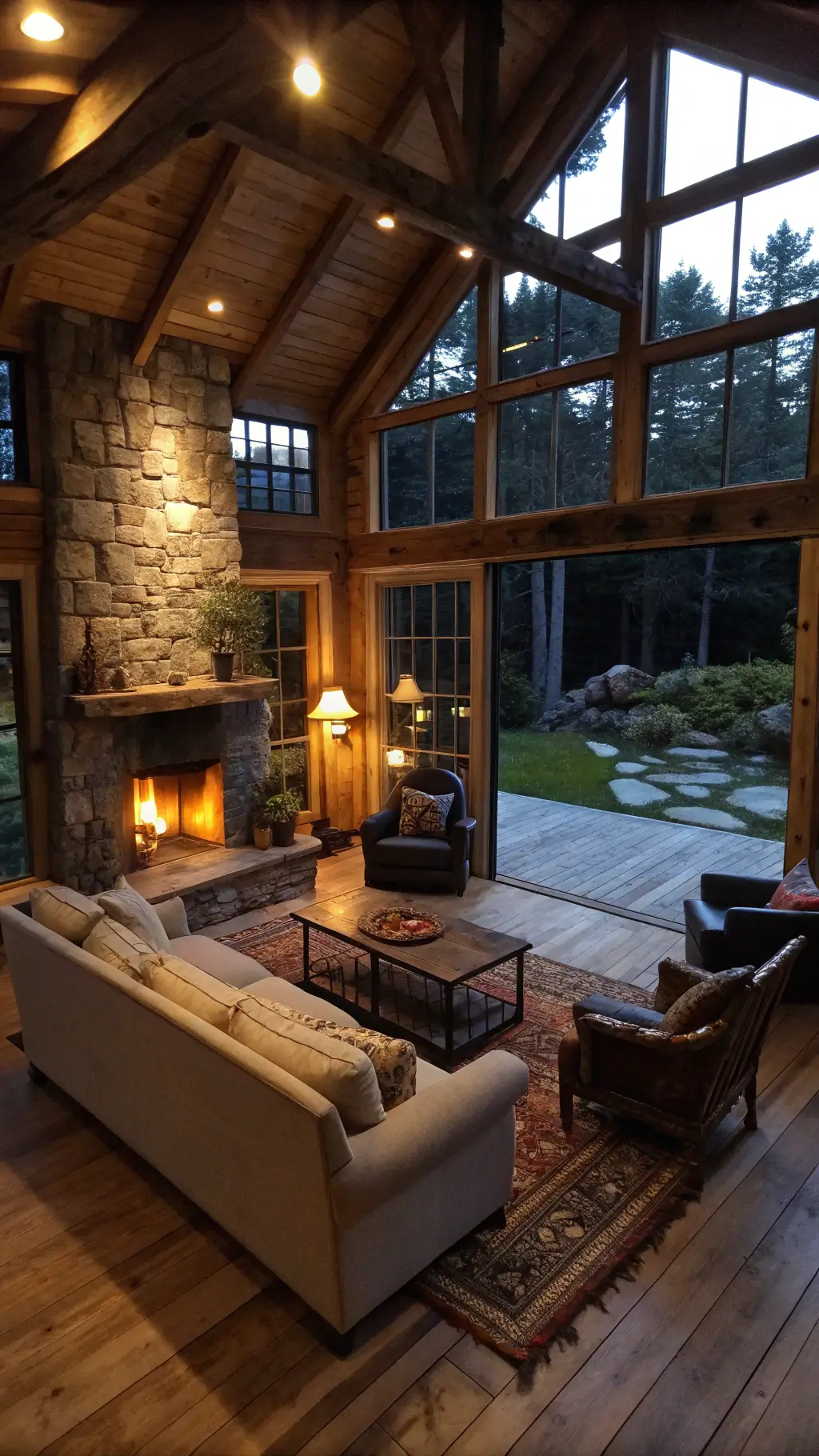 Twilight view of a cozy 15x18ft cottage great room with warm glow from a stone fireplace, wide plank pine floors, paired leather club chairs and oversized linen sofa, antique coffee table, garden view windows, and vintage lighting.